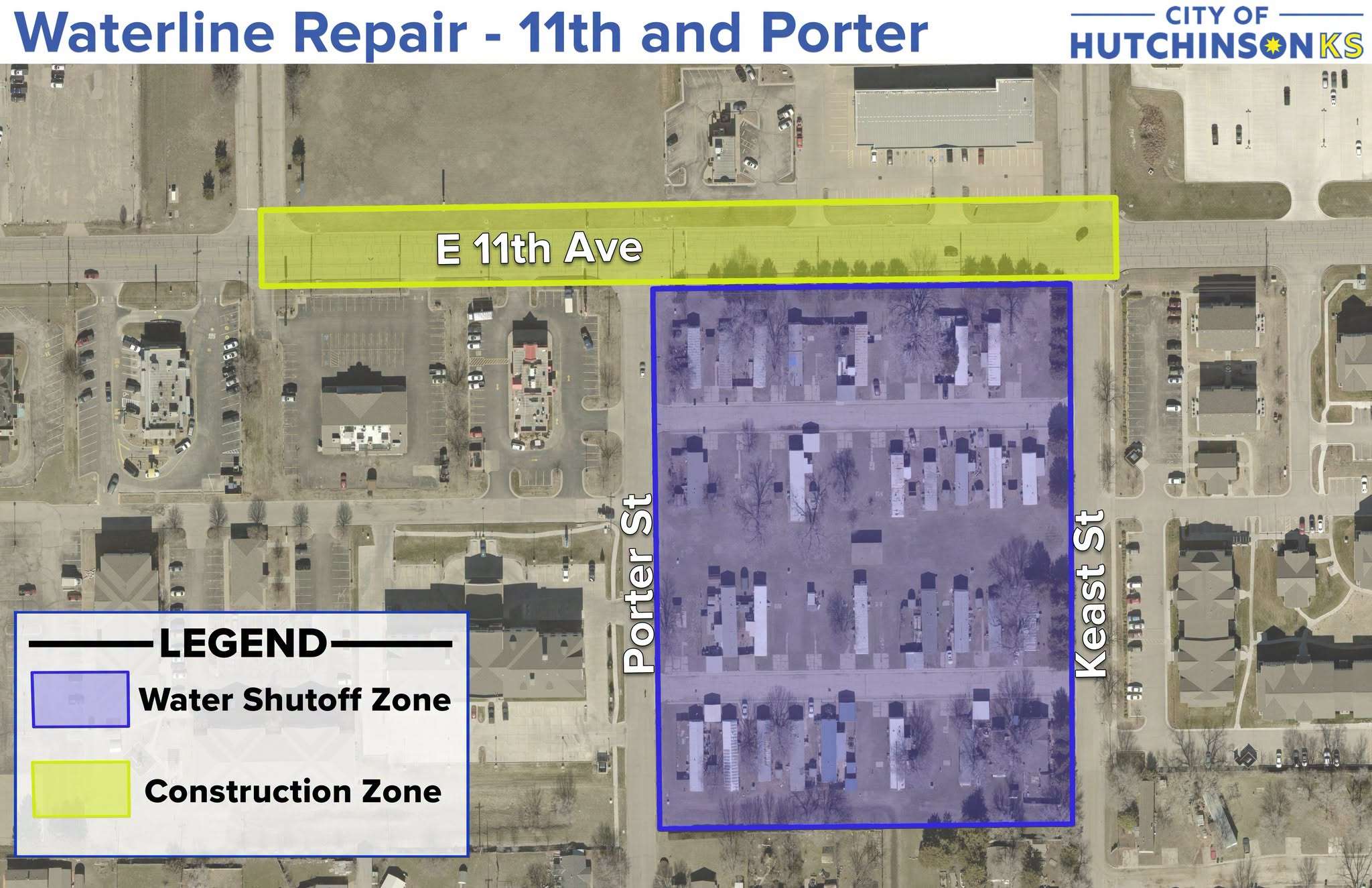 Water main break causes the closure of East 11th Avenue. (Map provided by the City of Hutchinson)
