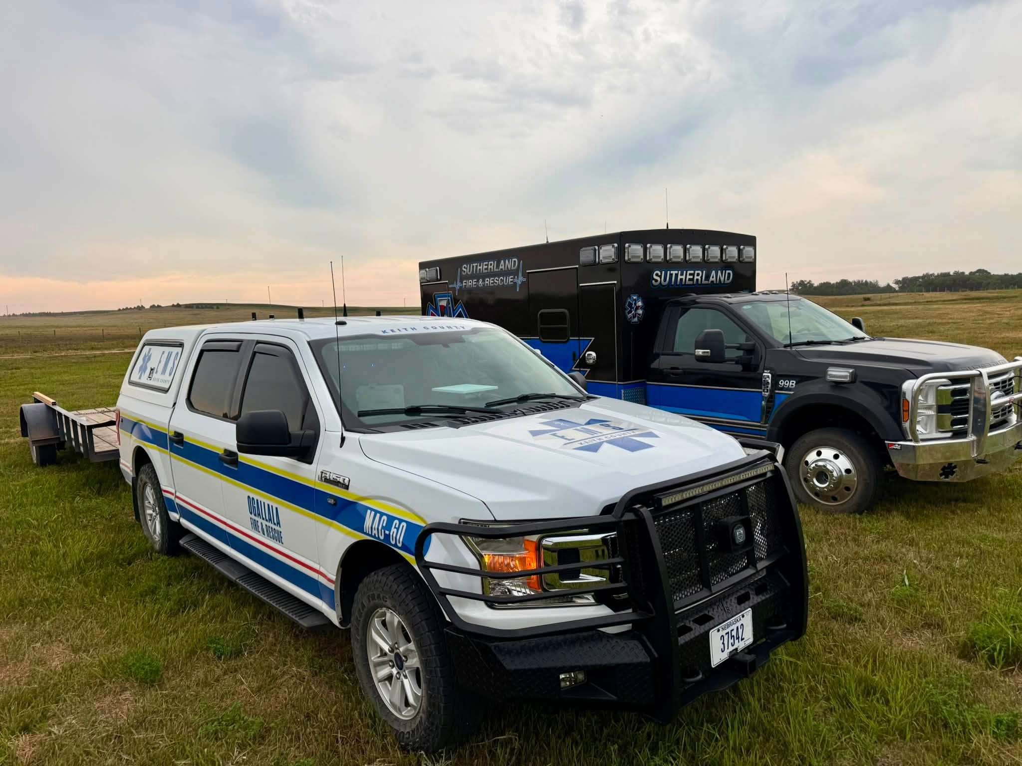 Keith County EMS and Sutherland Fire and Rescue teamed up July 28, 2026 to fight a quick moving fire north of Sutherland, along with several other area fire departments. (Keith County EMS)