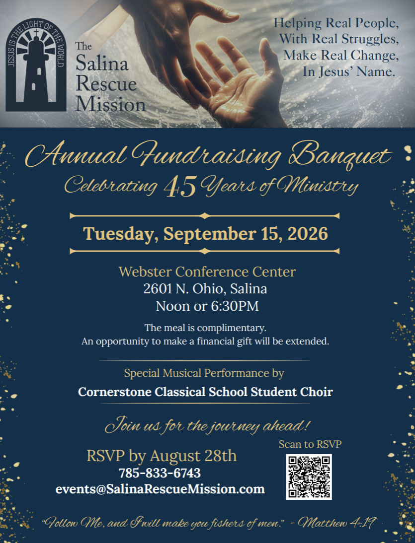 Salina Rescue Mission is celebrating 45 years of ministry with their annual fundraising banquet on Tuesday, September 15 , 2026 - Salina Rescue Mission graphic