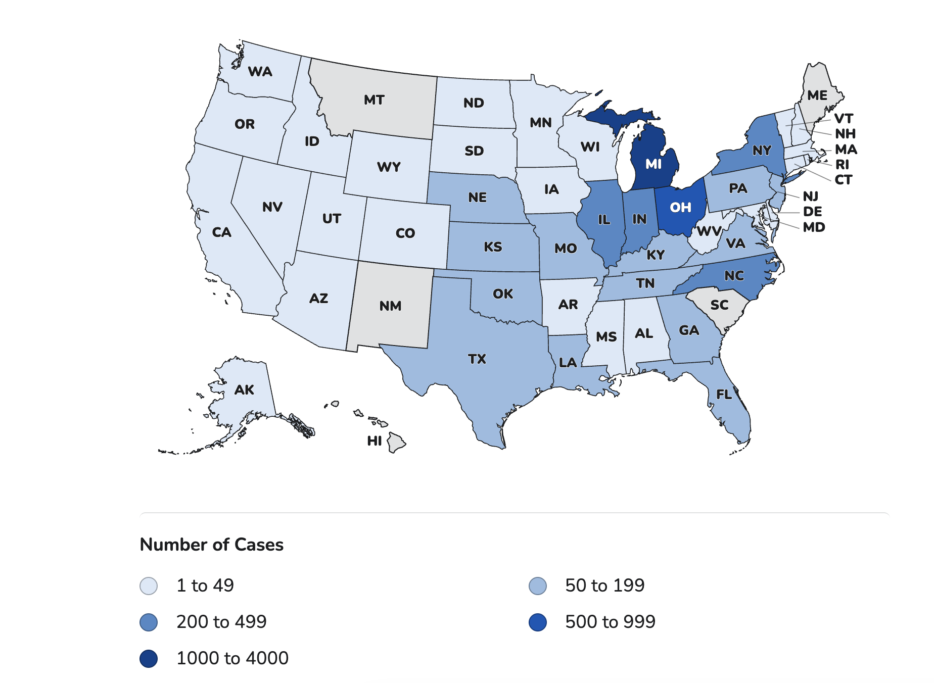 This map shows the resident states of the 6,707 people with laboratory-confirmed domestically acquired cyclosporiasis since May 1, 2026. Potential Cyclospora infections are typically investigated by the state or local health department where people live, even if they were exposed to the parasite in another state. Cyclosporiasis cases may not be limited to these states with known cases. The true number of people sick with cyclosporiasis was likely higher than the number reported. This is because some people recover without medical care and are not tested for Cyclospora.