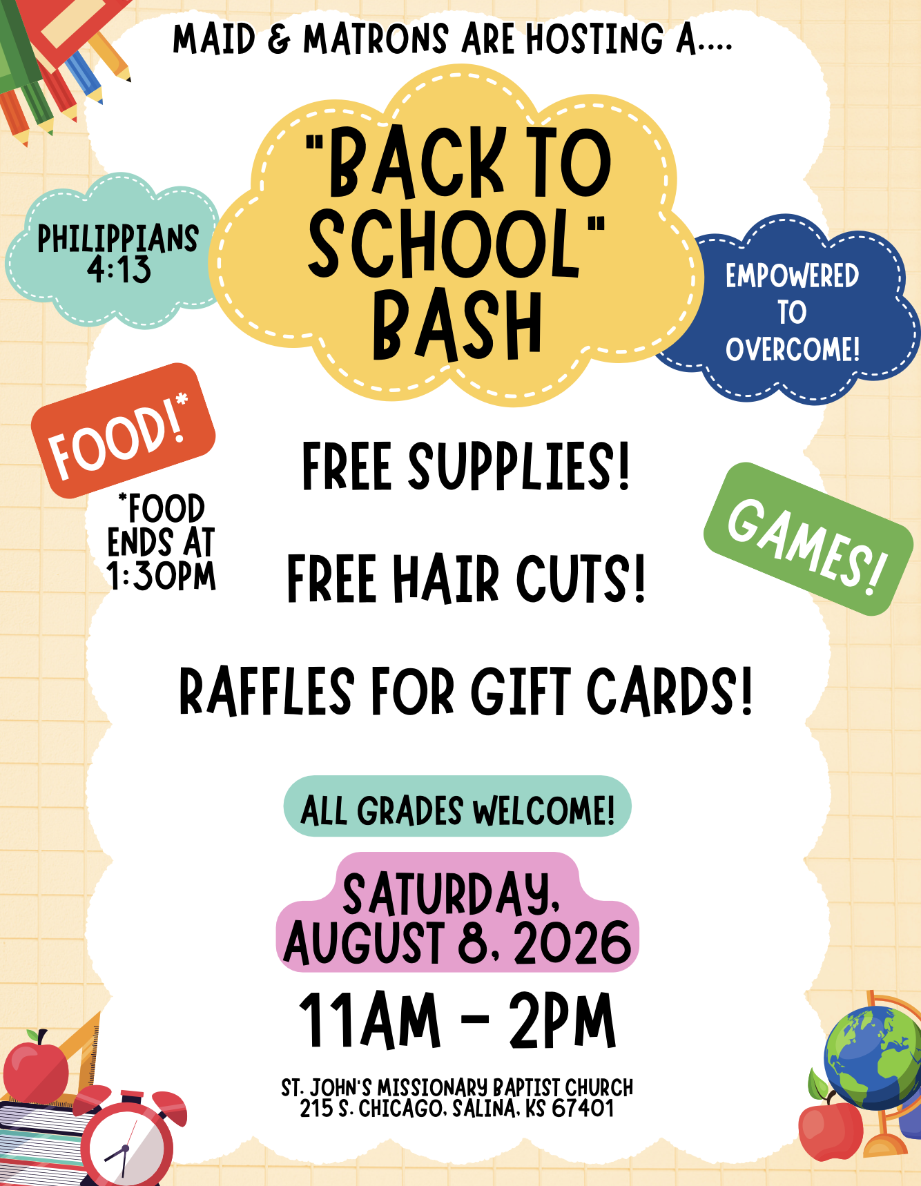 Back to School Bash at St. John's Missionary Baptist Church (215 S. Chicago Street, Salina, KS) on Saturday, August 8 2026