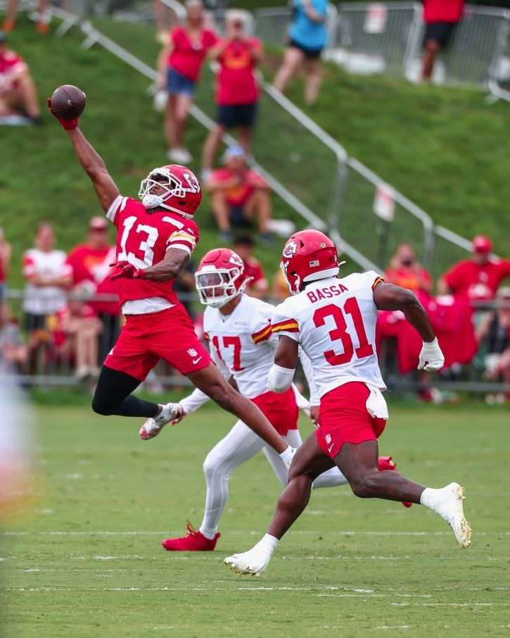 Chiefs fifth round pick Cyrus Allen makes a one handed catch during Chiefs Training Camp in St. Joseph.&nbsp; Allen suffered a potentially serious lower left leg injury during Saturday's practice at Missouri Western State University/ Photo courtesy of Kansas City Chiefs