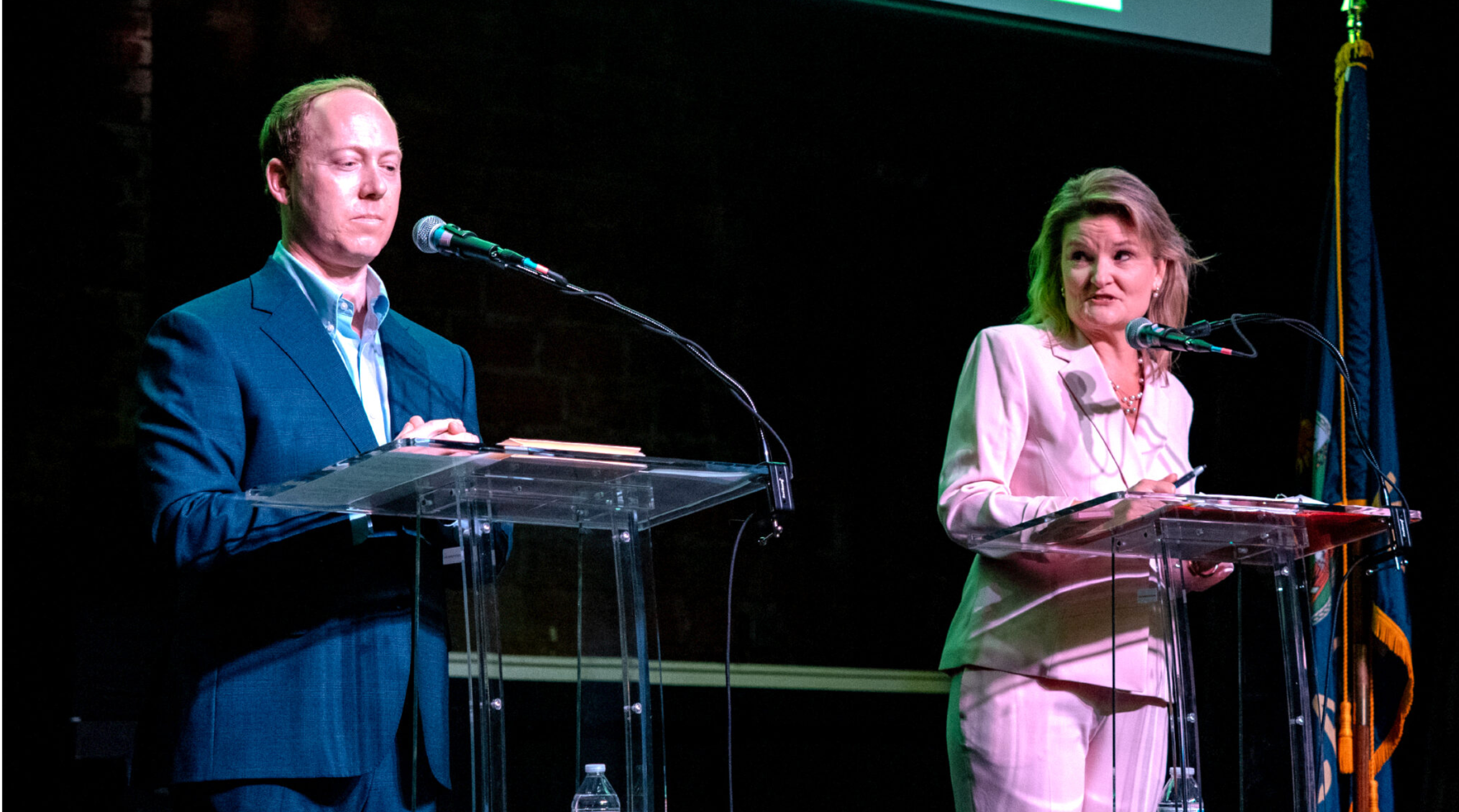  State Sens. Ethan Corson and Cindy Holscher, pictured together in April, joined Overland Park Mayor Curt Skoog in a debate Friday on Fox 4 television featuring questions about Democratic Gov. Laura Kelly's influence in the primary gubernatorial campaigns of Corson, Holscher and Skoog. Kelly endorsed Corson. The primary election is Tuesday. (Photo by Sherman Smith/Kansas Reflector)