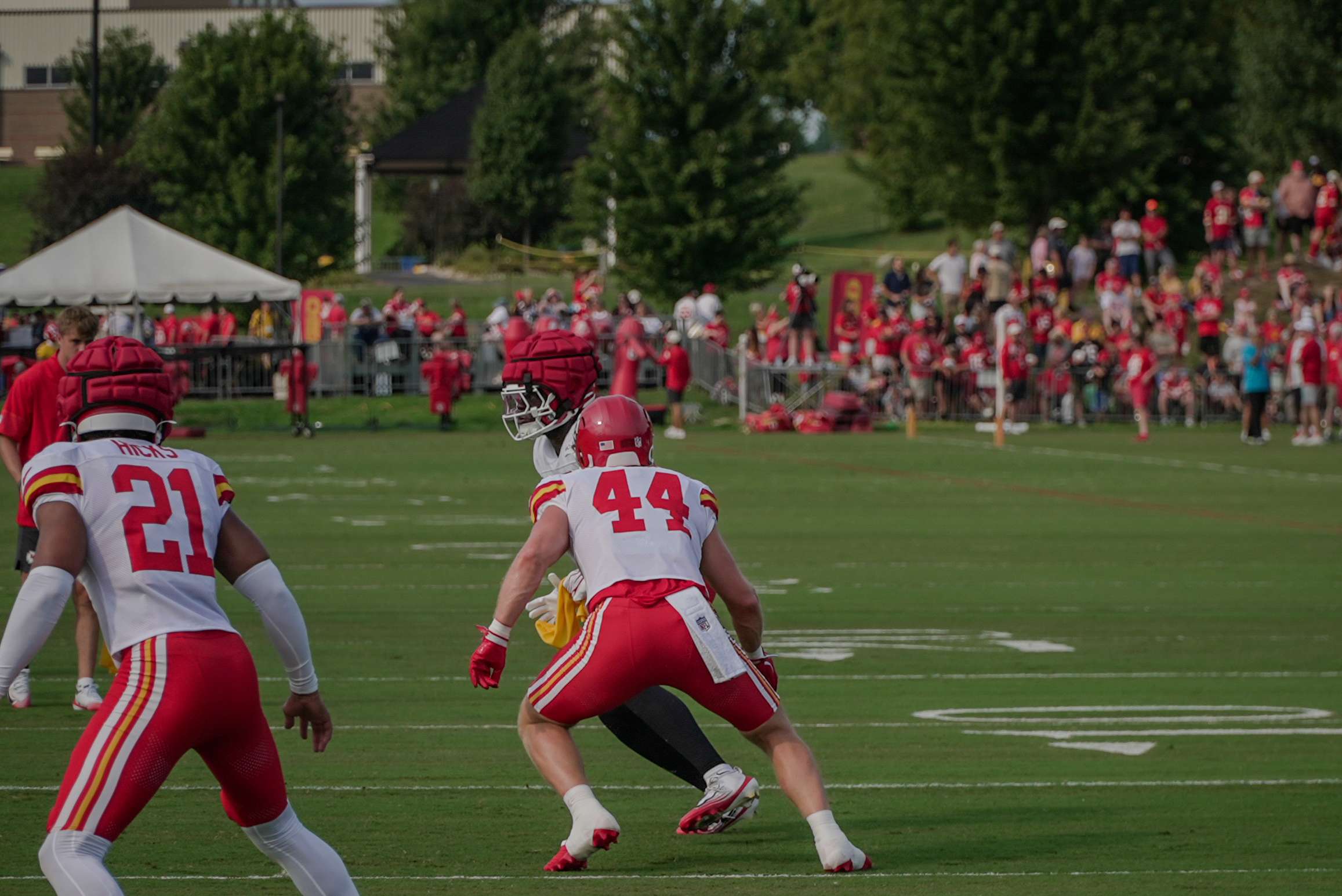 Linebacker Cooper McDonald (44) and safety Jaden Hicks (21) run a defensive drill during Chiefs Training Camp in St. Joseph/ Photo by Justin Peacock
