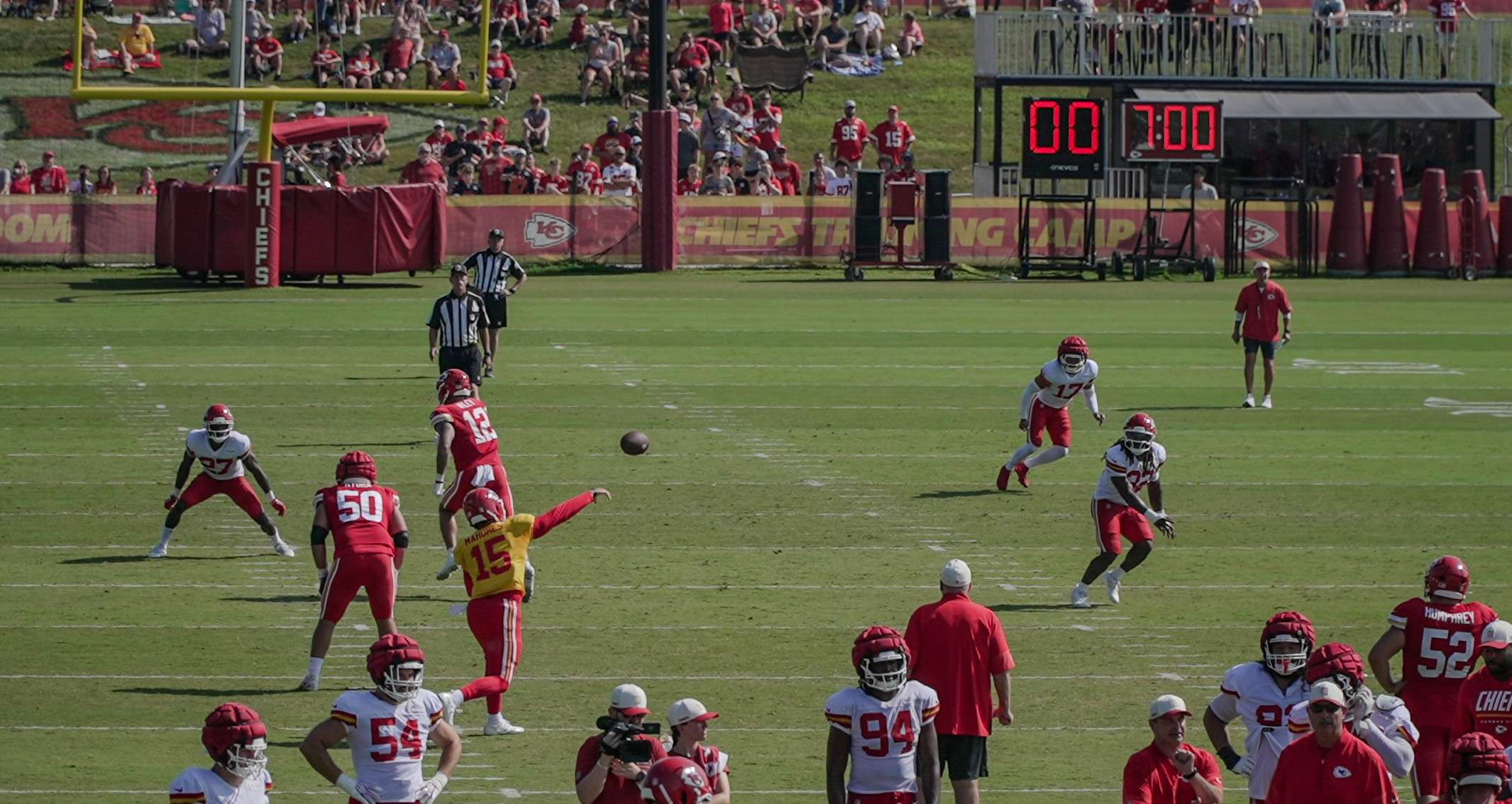 Patrick Mahomes throws a pass during Chiefs Training Camp/ Photo by Justin Peacock