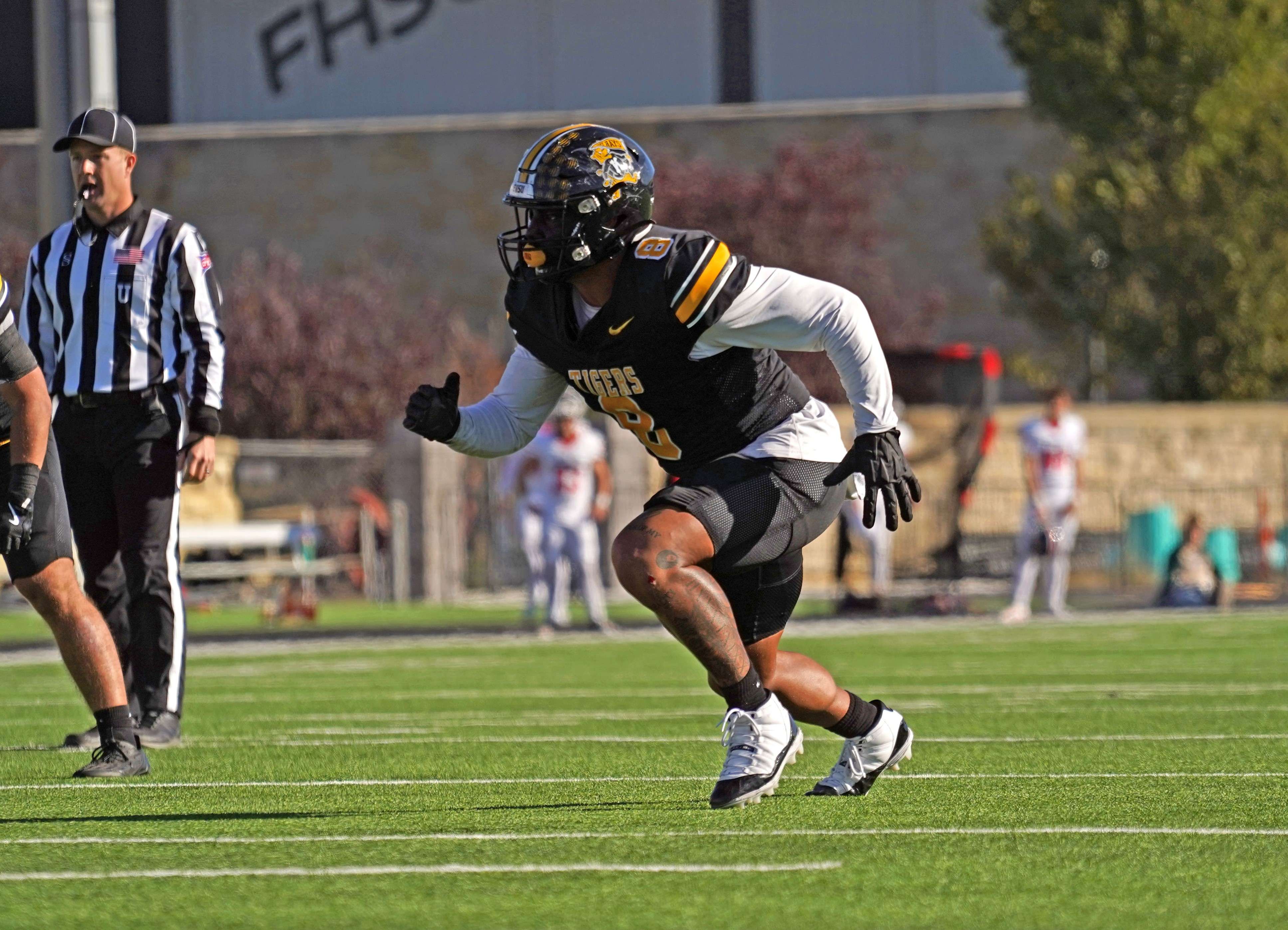 FILE - Fort Hays State defensive end Gaven Haselhorst (8) rushes the quarterback against Central Missouri on Saturday, November 1, 2025 at Lewis Field in Hays, Kan. (FHSU Athletics photo)