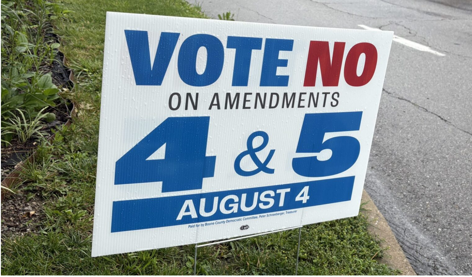  A yard sign opposing Amendments 4 and 5 in Columbia, paid for by the Boone County Democratic Party (Jason Hancock/Missouri Independent).