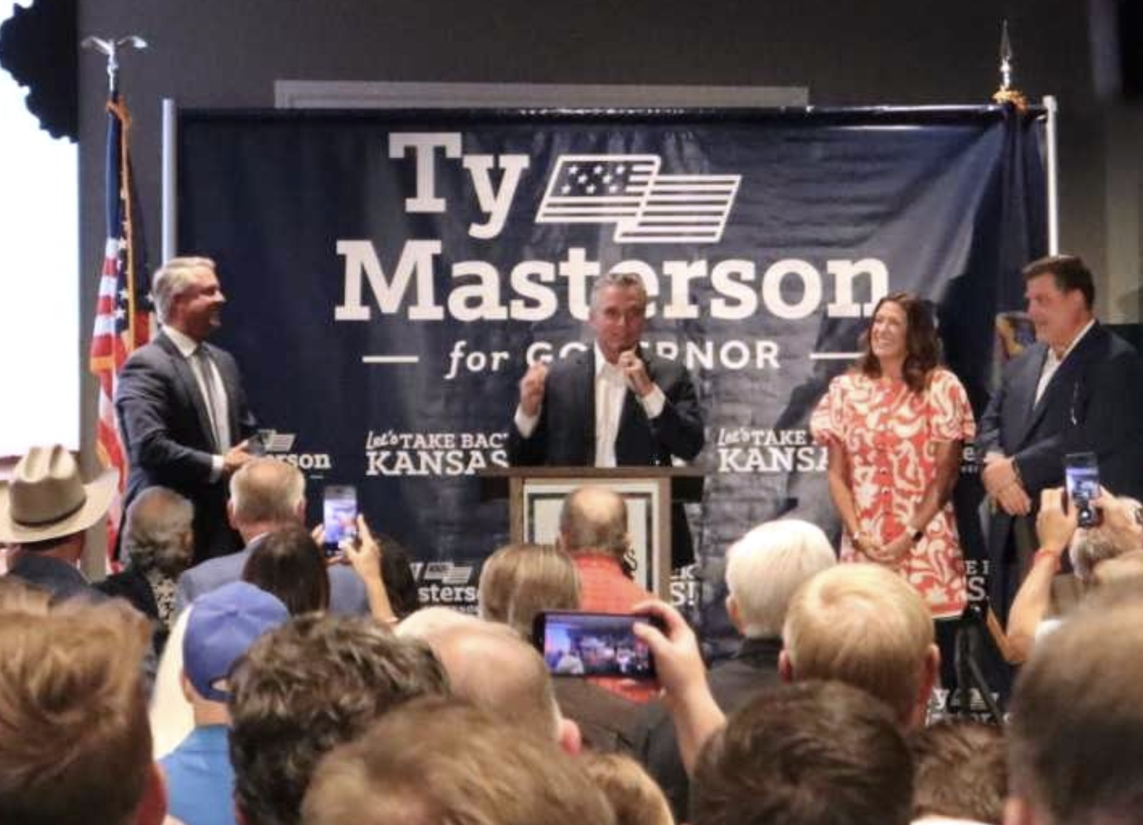 Kansas Senate President Ty Masterson speaks to a crowd at a watch party Aug. 4, 2026, in Wichita after securing the Republican Party’s nomination for governor. Democratic state Sen. Cindy Holscher is that party’s gubernatorial nominee. (Photo by Jacinda Hall for Kansas Reflector)