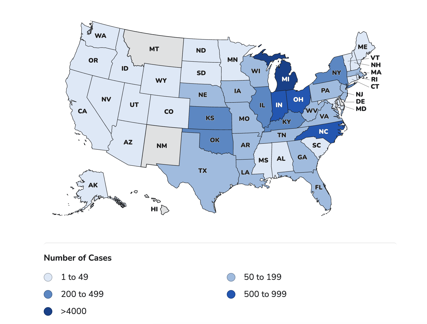 This map shows the states of residence of the 10,468 people with laboratory-confirmed domestically acquired cyclosporiasis since May 1, 2026. Potential Cyclospora infections are typically investigated by the state or local health department where people live, even if they were exposed to the parasite in another state. Cyclosporiasis cases may not be limited to these states with known cases. The true number of people sick with cyclosporiasis was likely higher than the number reported. This is because some people recover without medical care and are not tested for Cyclospora.