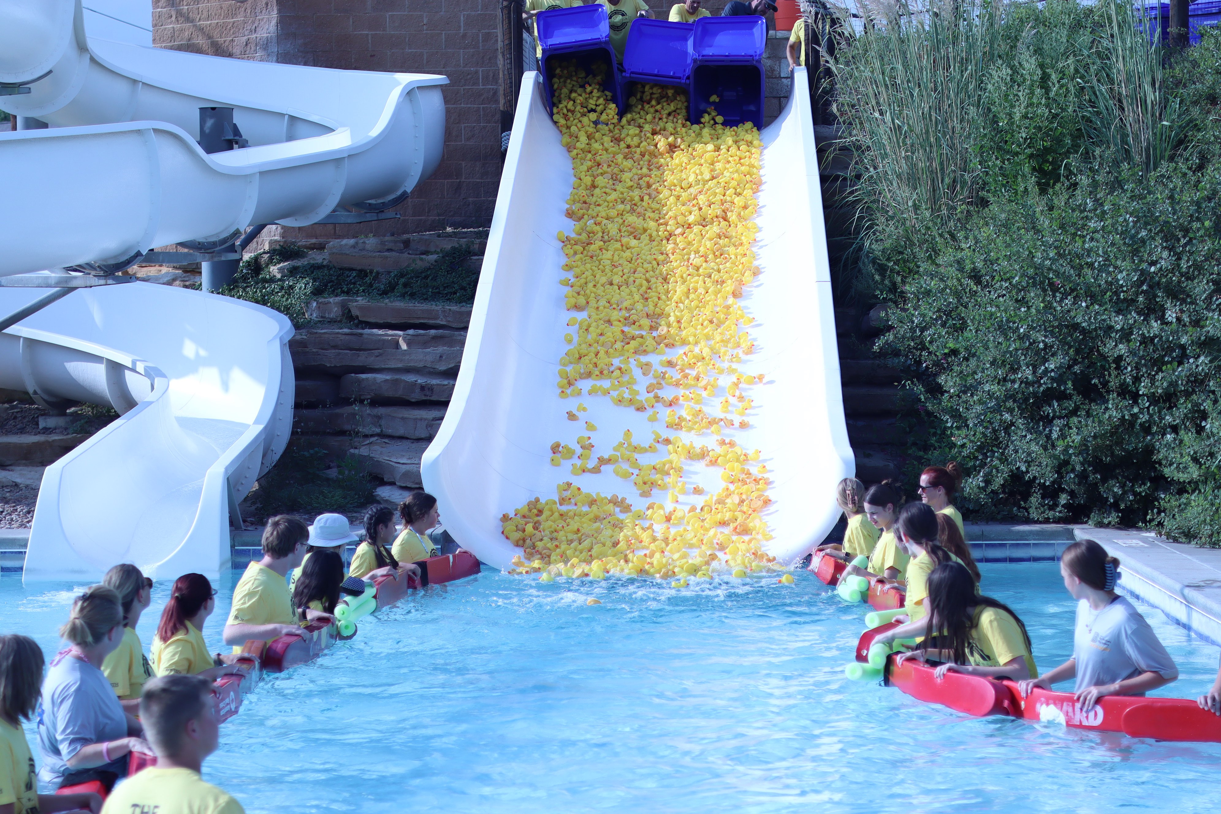 Thousands of Rubber Ducks go down the waterslide during the 11th annual 2026 Hays Duck Derby at the Hays Aquatic Park, photo by Alin Hett/Hays Post. 
