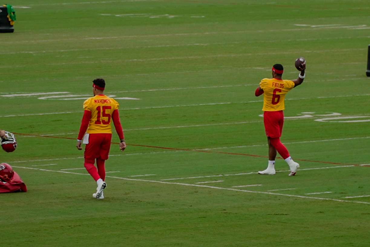 Justin Fields (6) warms up prior to practice during Chiefs Training Camp in St. Joseph/ Photo by Justin Peacock