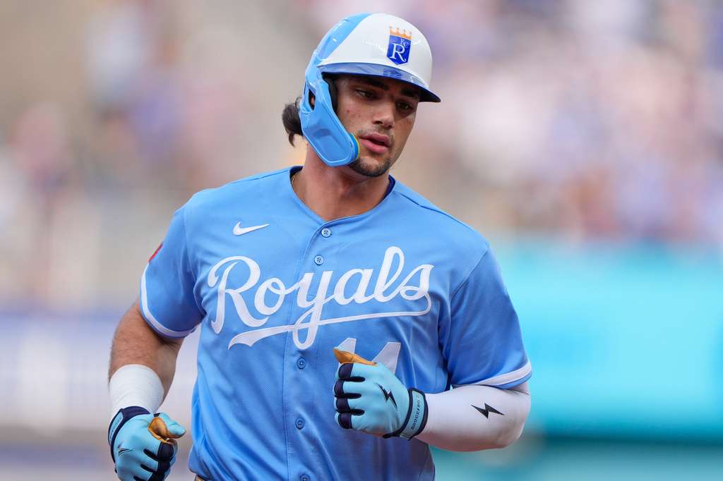 Kansas City Royals' Jac Caglianone runs the bases after hitting a solo home run during the first inning of a baseball game against the Chicago Cubs, Saturday, Aug. 8, 2026, in Kansas City, Mo. (AP Photo/Charlie Riedel)
