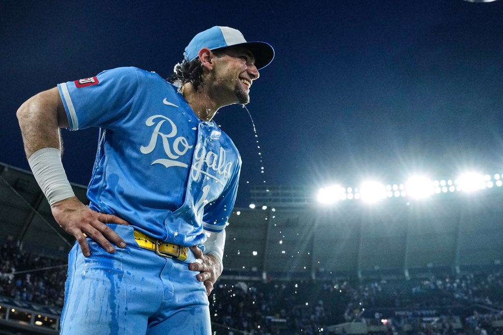 Water drips from Kansas City Royals' Jac Caglianone after he was doused by teammates following their baseball game against the Chicago Cubs, Saturday, Aug. 8, 2026, in Kansas City, Mo. (AP Photo/Charlie Riedel)