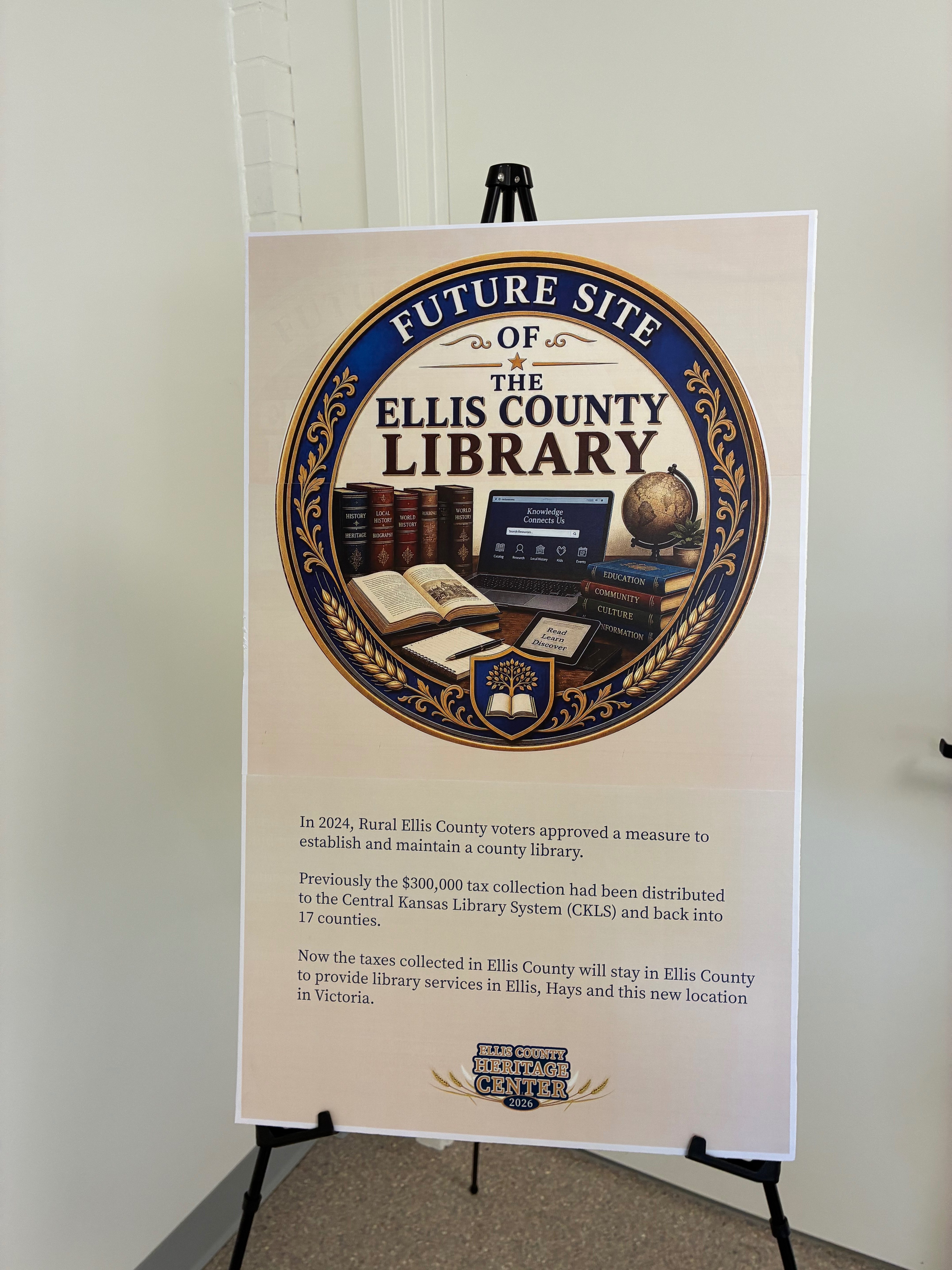 A poster highlights plans for the future Ellis County Library site at the Heritage Center.<br>