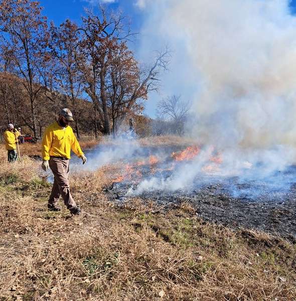 Chadron State College students enrolled in Range and Fire Ecology (AGRI436) taught by Dr. Tony Perlinski conduct a prescribed fire Nov. 9, 2023, for a rancher south of Chadron. Students helped plan and conduct the fire and their initial assessments determined it was successful since all participants were safe, the fire was kept within the defined location, and the landowner's objectives were met. (Courtesy photo, used with permission)