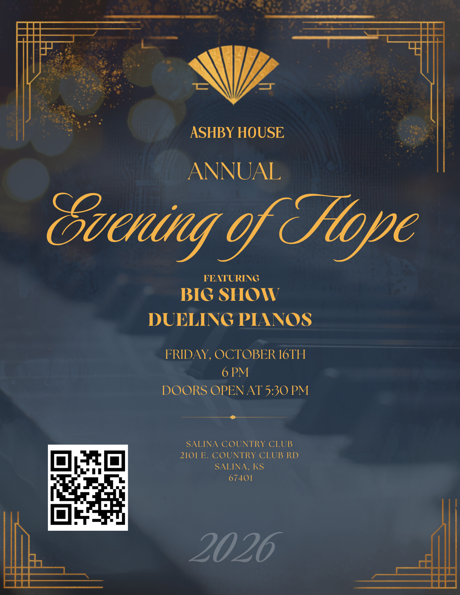 Ashby House Evening of Hope: Dueling Pianos annual fundraiser occurring Friday, October 16, 2026 at 6:00 pm, Salina Country Club (2101 E. Country Club Road) - Ashby House graphic