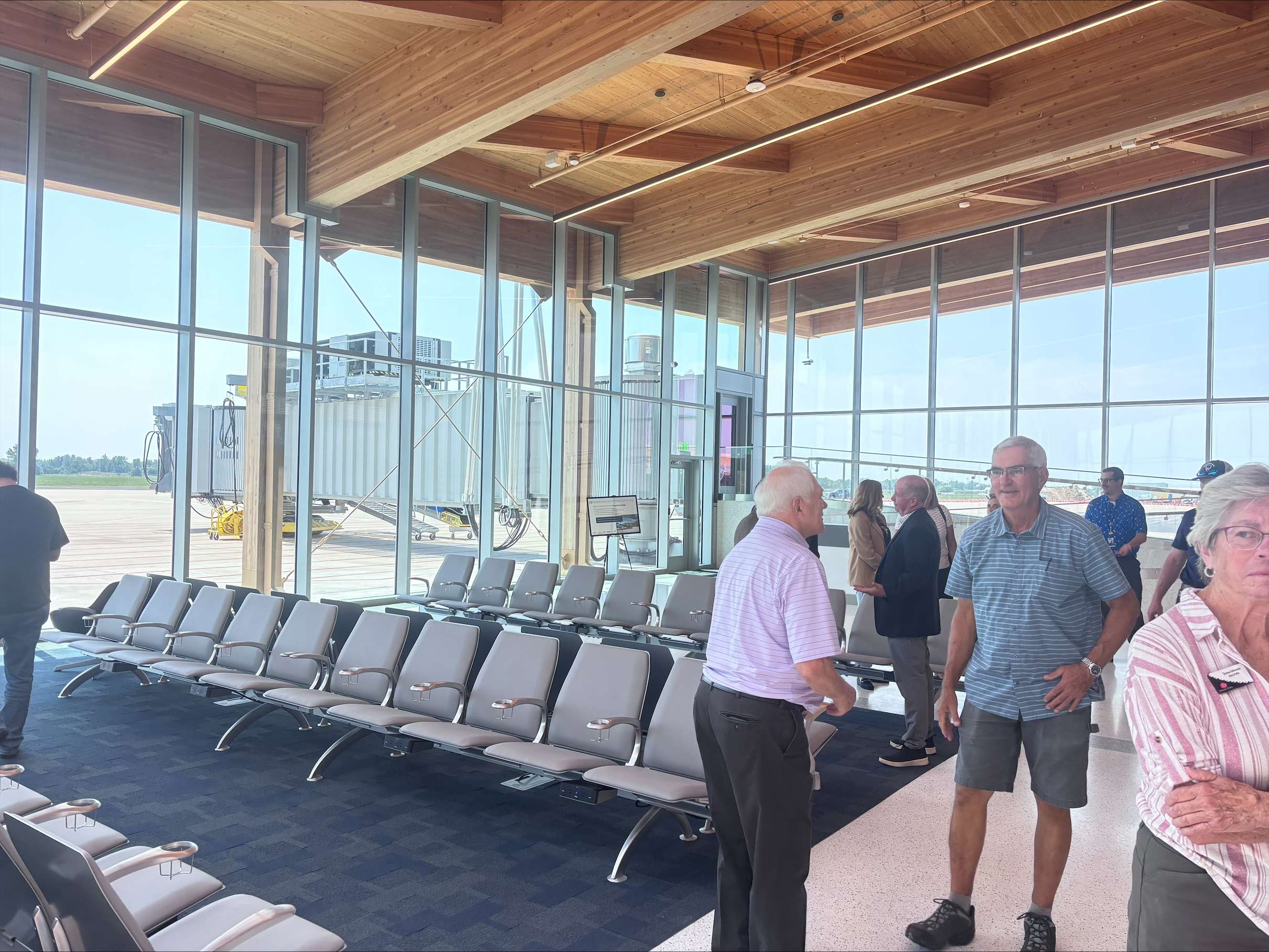 A jet bridge connects the new North Platte Regional Airport terminal directly to the aircraft, allowing passengers to board and exit without having to walk outside. The new facility is designed to provide a more comfortable and accessible experience for travelers. (Allison Peck | The Post)