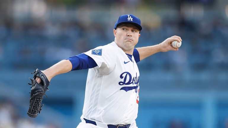 Los Angeles Dodgers starting pitcher Tarik Skubal throws during the first inning of a baseball game against the Kansas City Royals, Monday, Aug. 10, 2026, in Los Angeles. (AP Photo/Caroline Brehman)