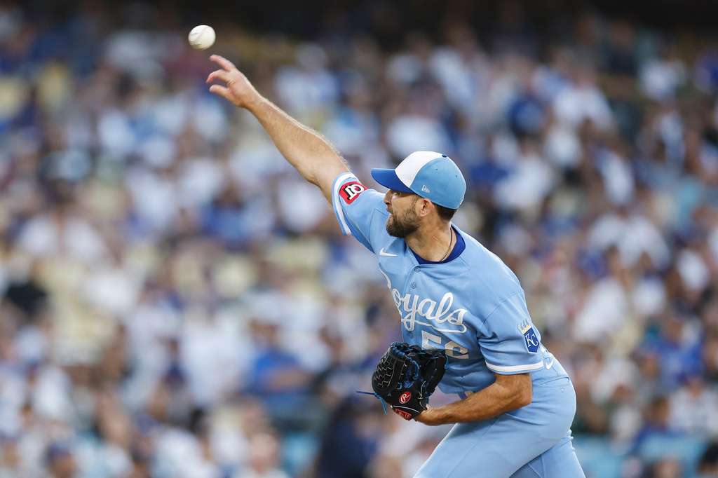 Kansas City Royals starting pitcher Michael Wacha (52) throws during the first inning of a baseball game against the Los Angeles Dodgers, Tuesday, Aug. 11, 2026, in Los Angeles. (AP Photo/Caroline Brehman)