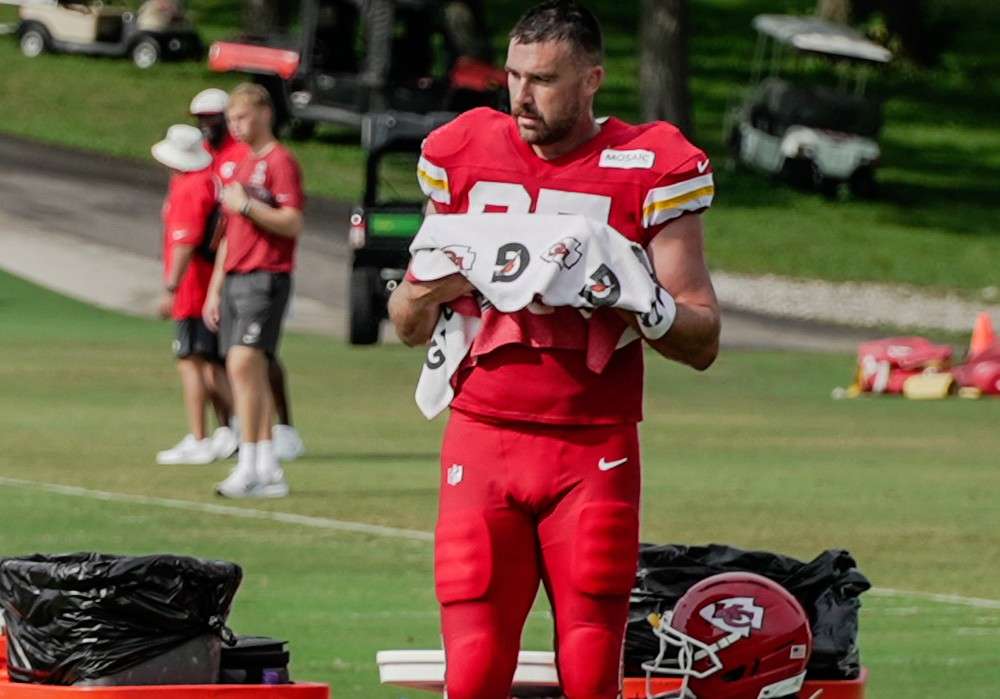 Kansas City Chiefs tight end Travis Kelce takes a break at training camp in St. Joseph, Missouri. Kelce is back for a 14th season. (Justin Peacock photo)