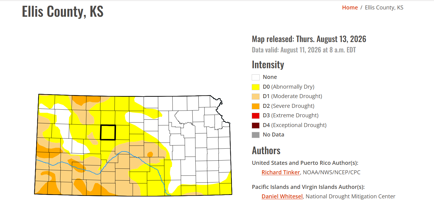 Kansas drought map released Aug. 13, 2026. U.S. Drought Monitor