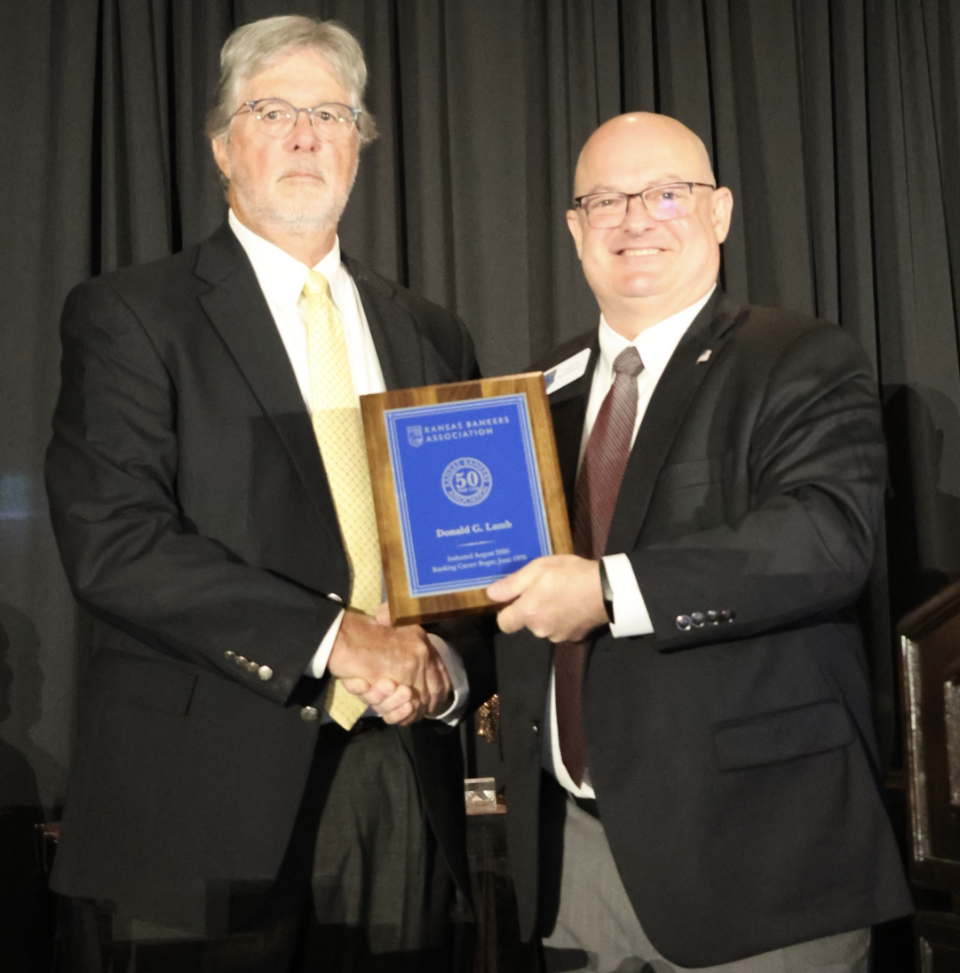 Don Lamb (left) presented with award at the Kansas Bankers Association (KBA) - Photo provided by Bennington State Bank