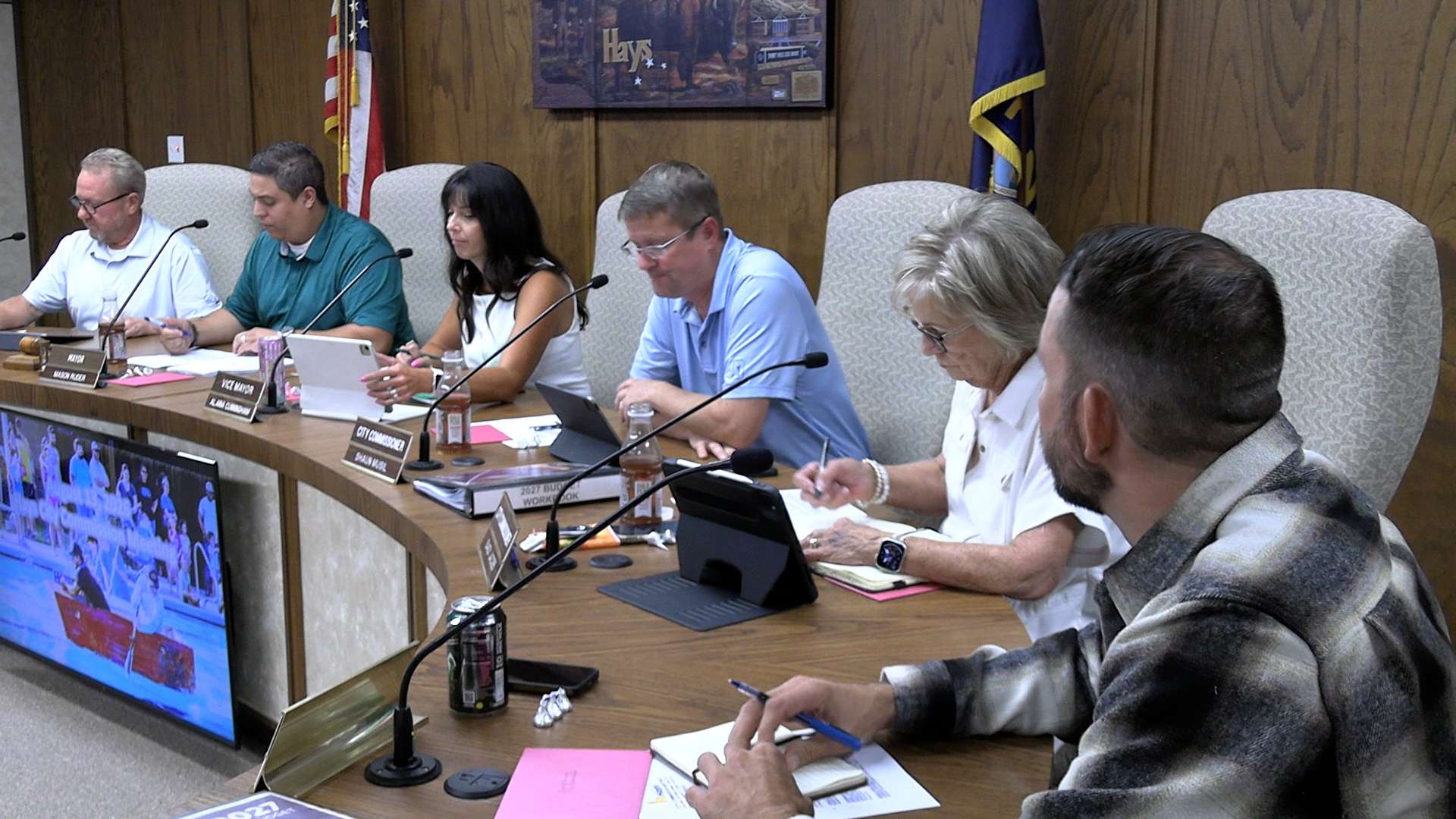 Hays city commissioners with Toby Dougherty, city manager (at left) during the Aug. 13 commission meeting. Photo by Becky Kiser/Hays Post