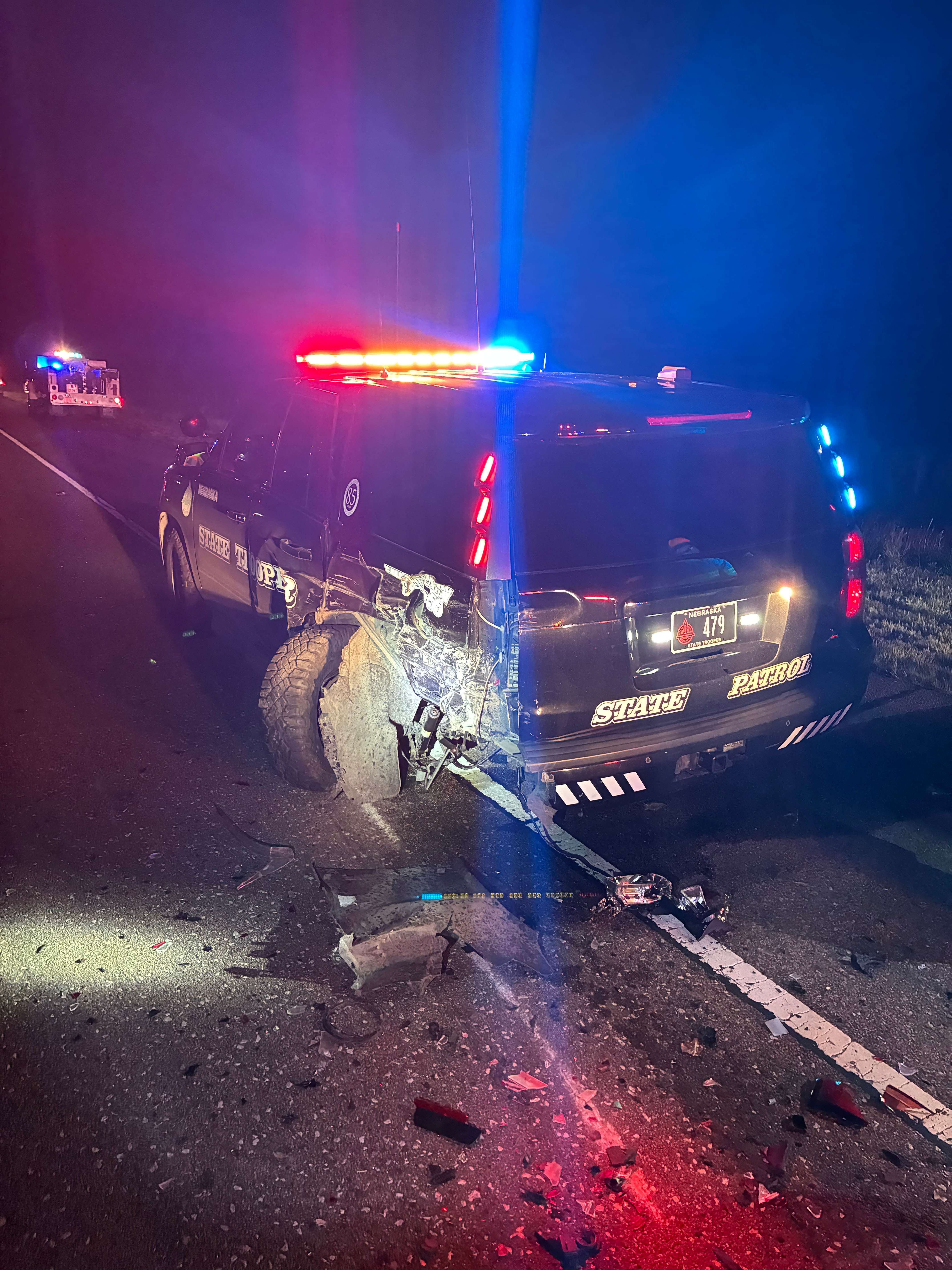 Nebraska State Patrol Unit struck on I-80 while tending to a previous crash. (Courtesy NSP)