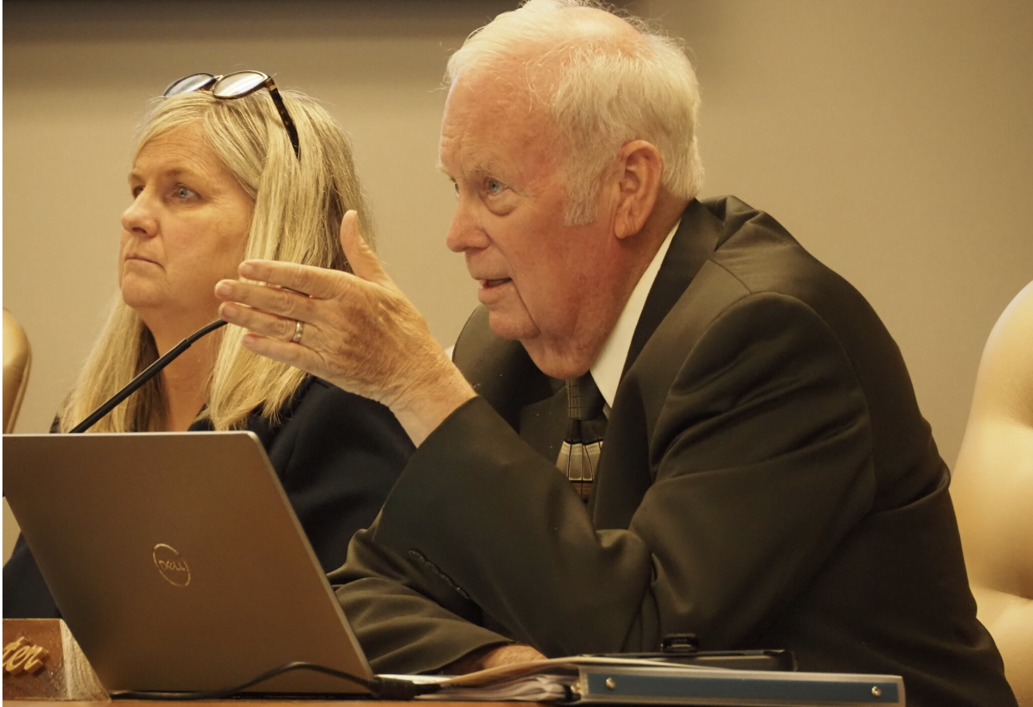 Kansas State Board of Education member Jim Porter of Fredonia says excessive use of technology in classrooms is harmful to students. The State Board of Education is working on policies of potential help to local school districts grappling with the complex issue. In this image from July 8, 2025, Porter speaks to colleagues in Topeka. (Photo by Anna Kaminski/Kansas Reflector)