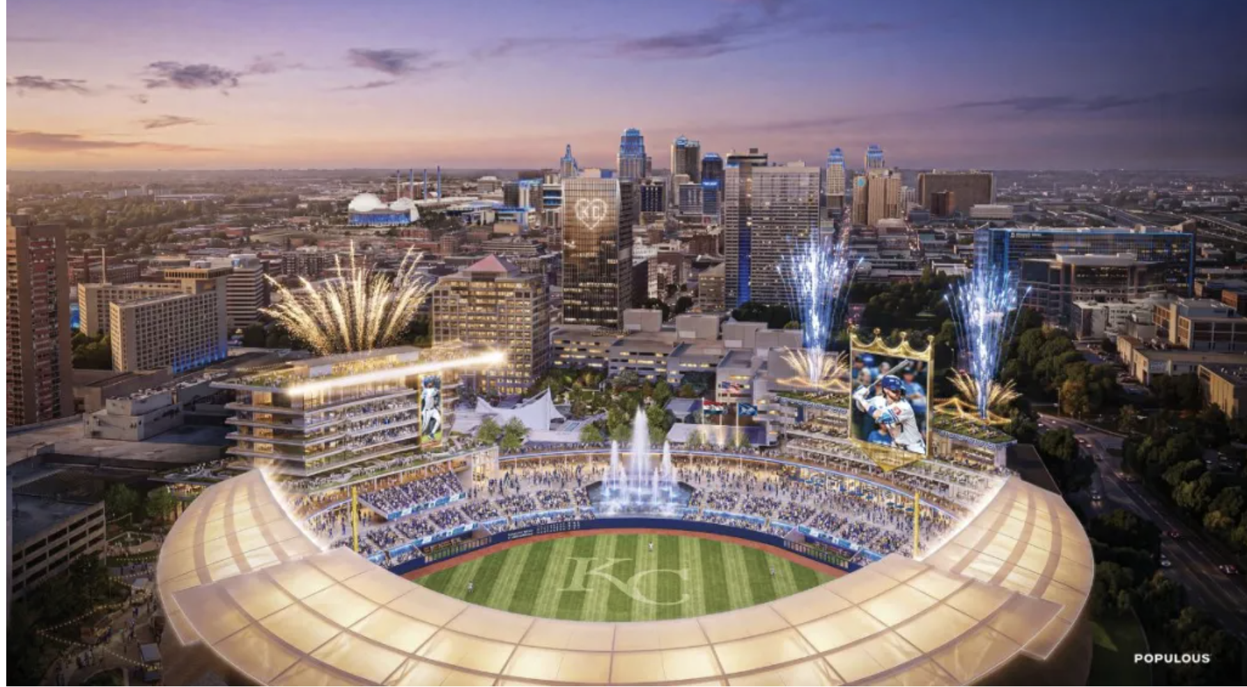 The Royals presented renderings of the proposed stadium at the April 22 announcement. The ballpark will sit on the site of the current Hallmark headquarters in Crown Center. (Courtesy of the Kansas City Royals)