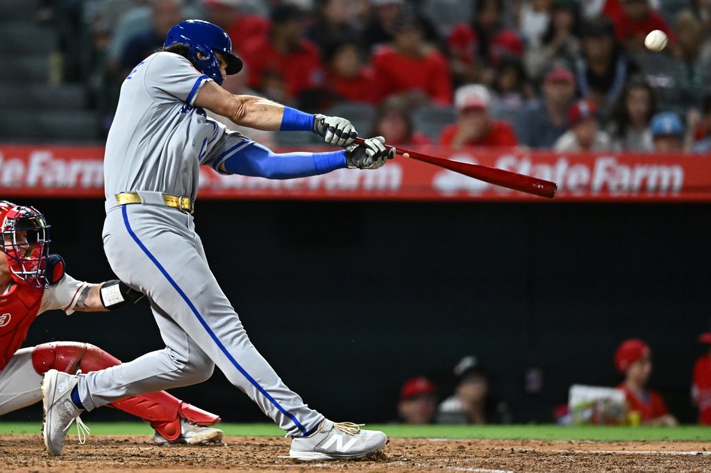 Kansas City Royals' Jac Caglianone hits a two-run home run during the fifth inning of a baseball game against the Los Angeles Angels, Friday, Aug. 14, 2026, in Anaheim, Calif. (AP Photo/William Liang)