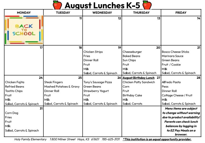 August lunch schedule for Holy Family Elementary School, courtesy photo