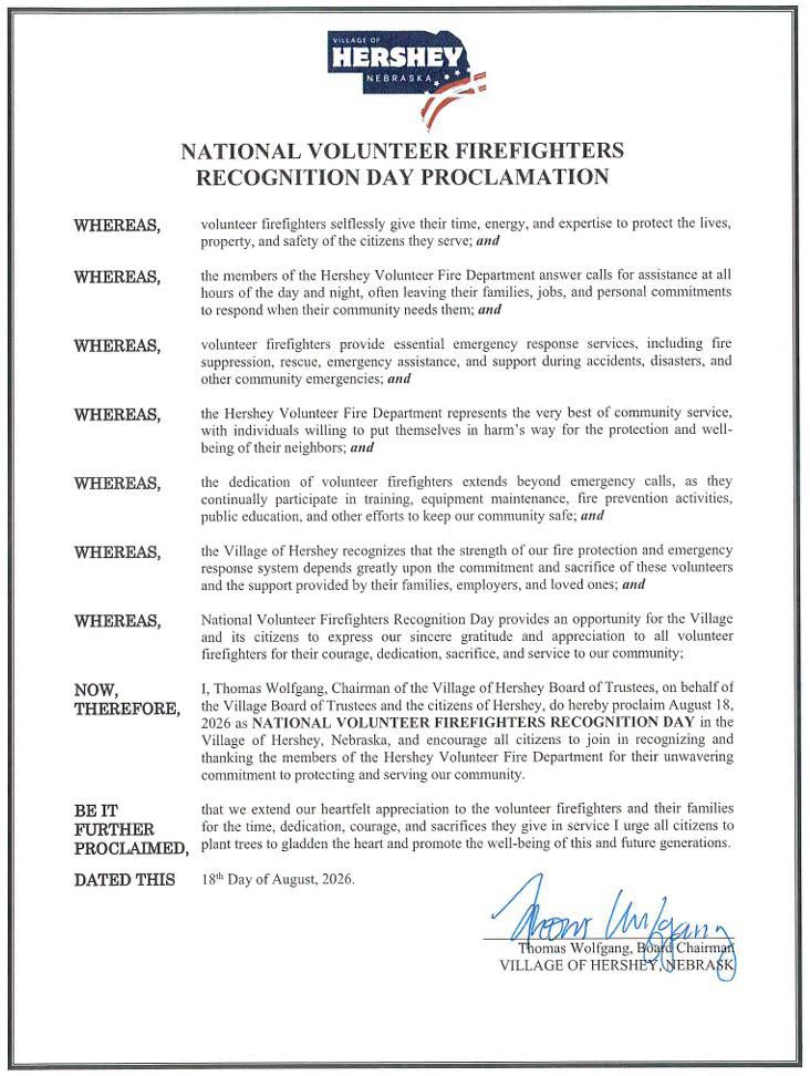 National Volunteer Firefighters Recognition Day Proclamation in Hershey