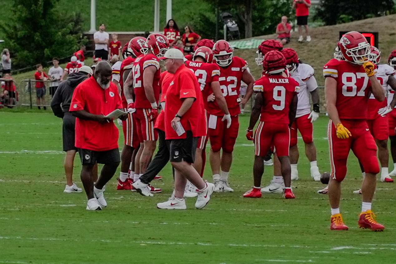 Offensive coordinator Eric Bieniemy and Head Coach Andy Reid during Chiefs Training Camp in St. Joseph/ Photo by Justin Peacock