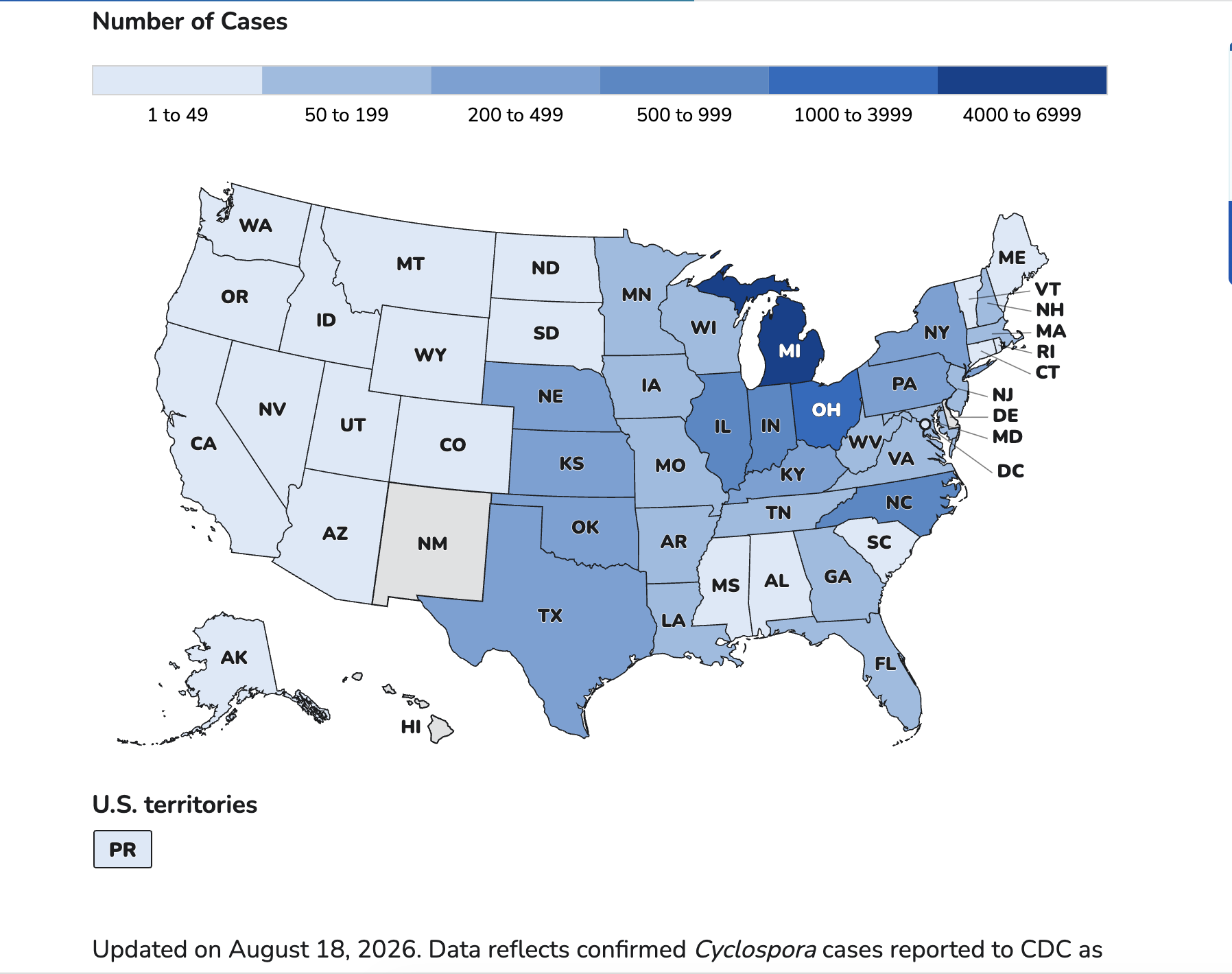 -Since May 1, 2026, 15,716 people have been reported with laboratory-confirmed cyclosporiasis acquired in the United States. The map shows where these people live. Potential Cyclospora infections are typically investigated by the state or local health department where people live, even if they were exposed to the parasite in another state. Cyclosporiasis cases may not be limited to these locations with known cases. The true number of people sick with cyclosporiasis is likely higher than the number reported. This is because some people recover without medical care and are not tested for Cyclospora.