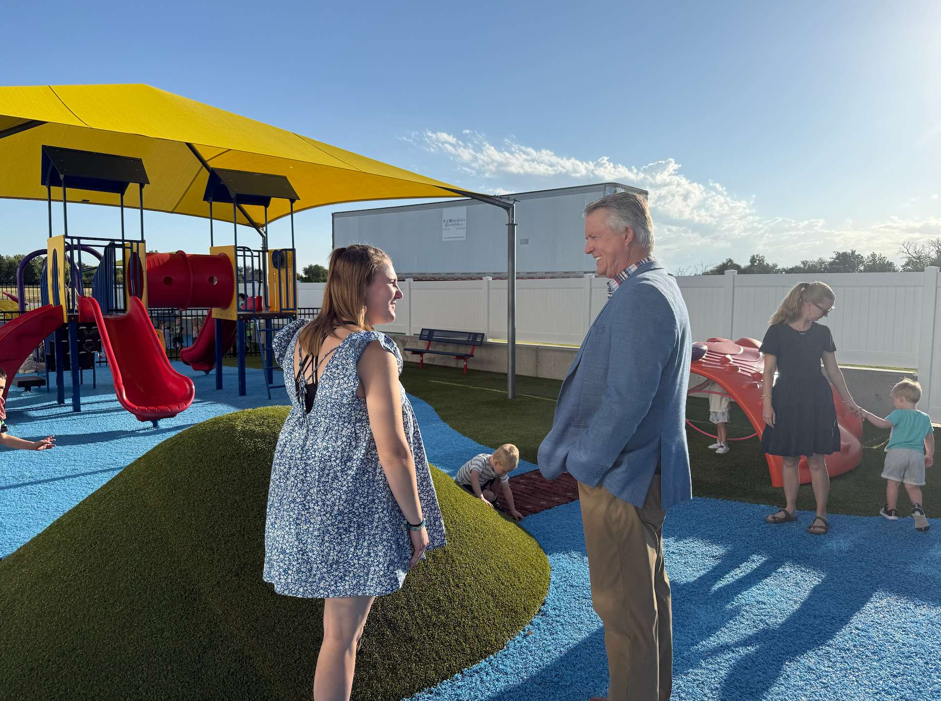 Sen. Roger Marshall, R-Kansas, talks to a day care teacher Tuesday at Bright Minds Academy on Canterbury in Hays. Photo by Cristina Janney/Hays Post