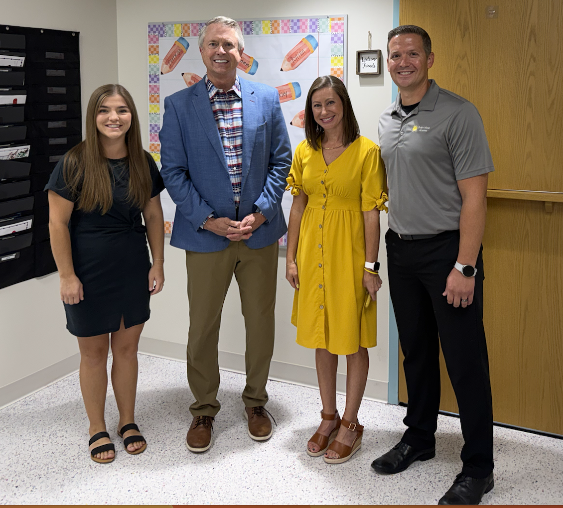 From left: Bright Minds Canterbury location director Hailey Dinkel, Sen. Roger Marshall, R-Kansas, and Bright Minds Academy owners Nick and Andrea Felder. Marshall is on a 120-stop Kansas tour during Congress' recess. Photo by Cristina Janney/Hays Post
