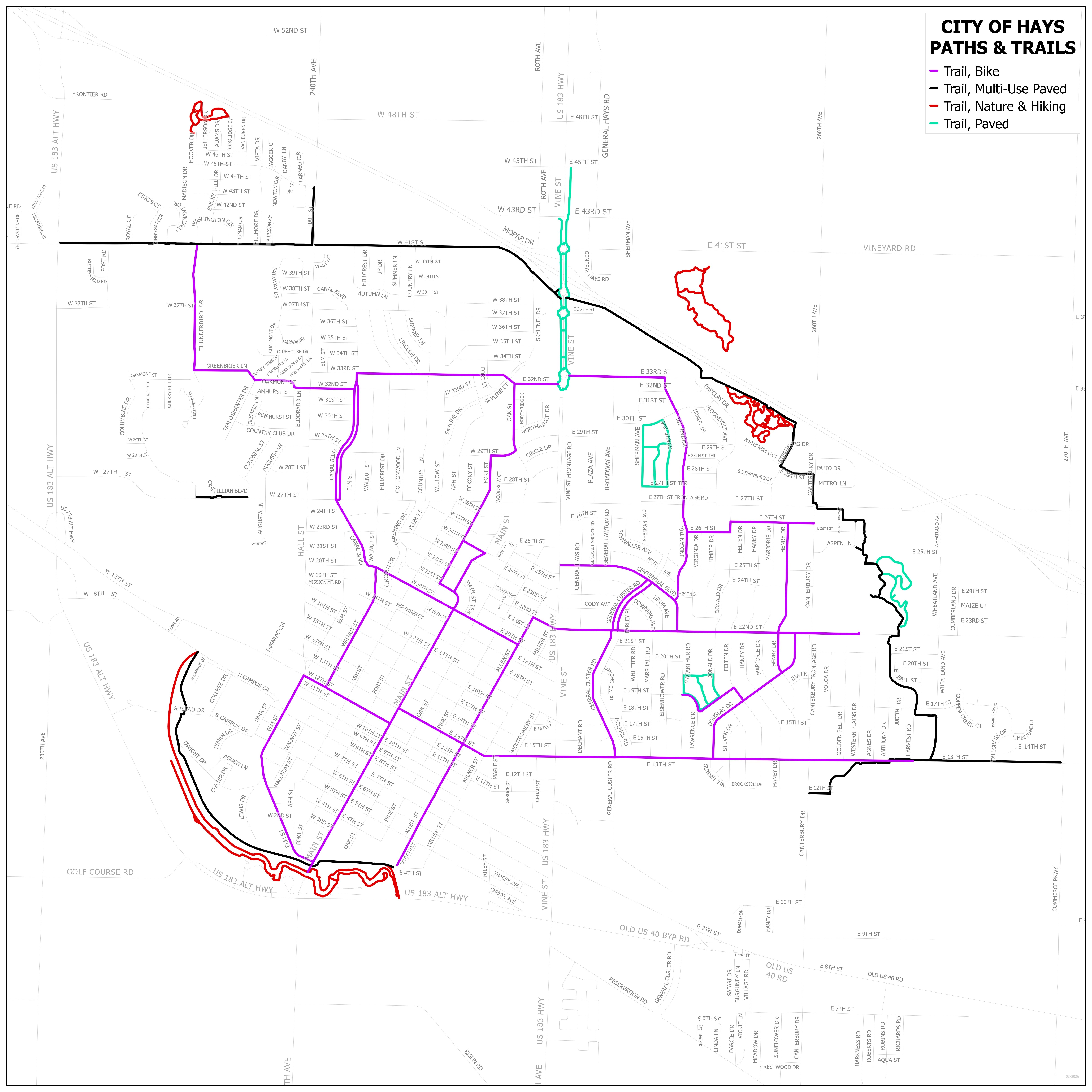 The Hays trail system includes several named and commonly used paths. The Red lines north of I-70 represent the Vineyard Park Nature Trail. The red lines near the Sternberg Museum represent the Howard Reynolds Nature Trail, while the red &nbsp;lines near the Levy Path represent the Big Creek Nature Trail. Black lines represent the East Multi-Use Path, North Multi-Use Path and Levy Path. The Purple lines mark the on-street Bike Hays Paths. Photo courtesy of Jeff Boyle/ Hays Parks Director.&nbsp;<br>