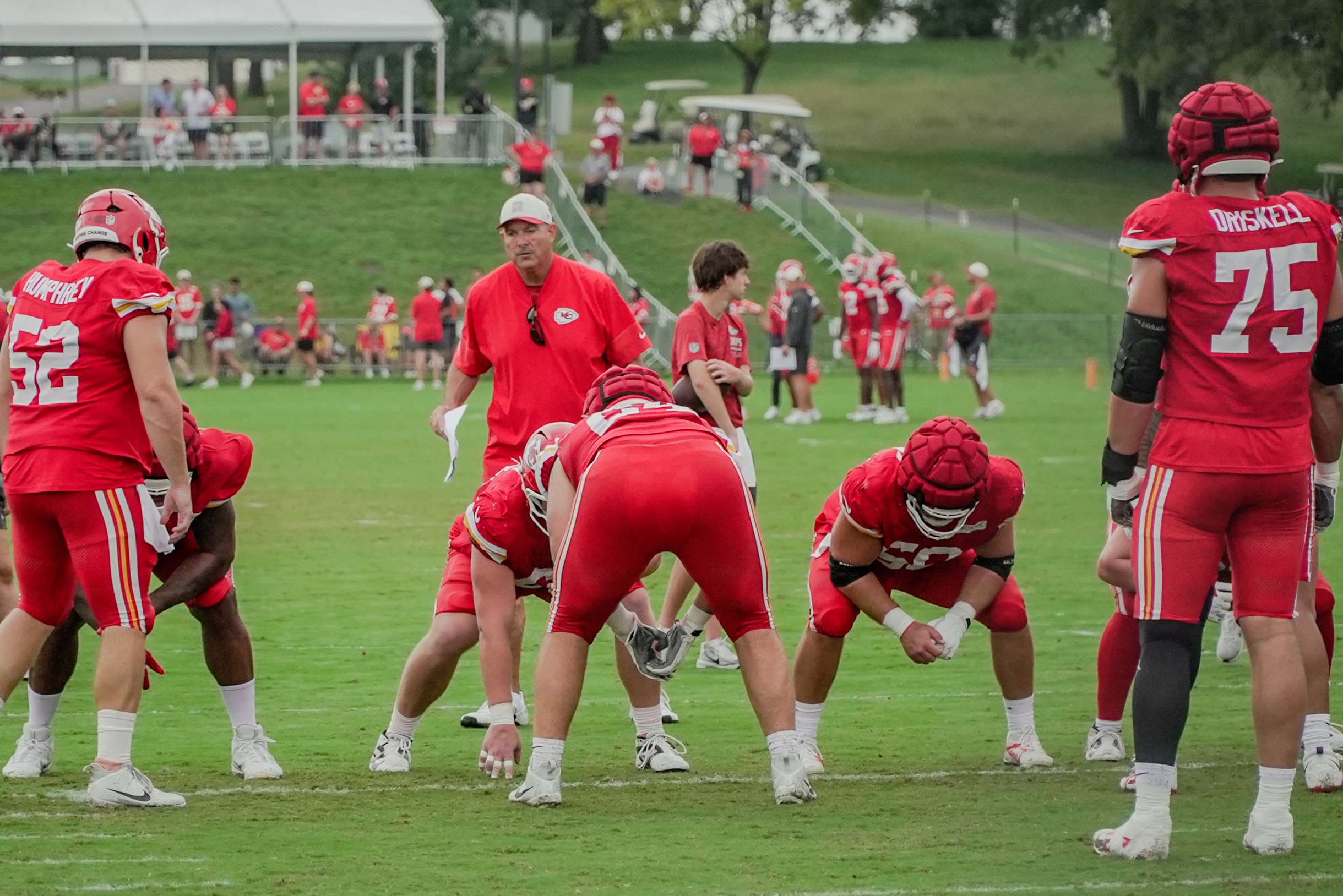 Offensive line coach Andy Heck runs the Chiefs offensive line unit through a drill during Chiefs Training Camp on the second to last day of camp in St. Joseph/ Photo by Justin Peacock