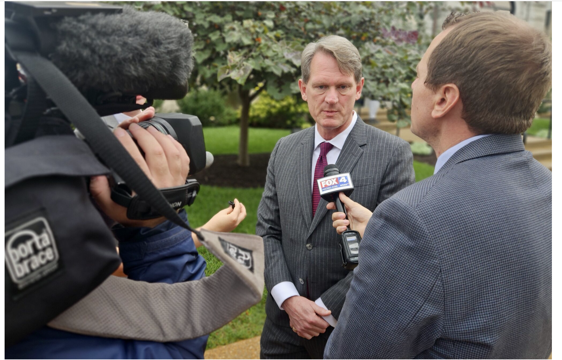 Marc Ellinger, attorney for several Republican committees, speaks to reporters Wednesday after the Cole County trial over whether Missourians will have a referendum on redistricting on the November ballot.(Rudi Keller/Missouri Independent).