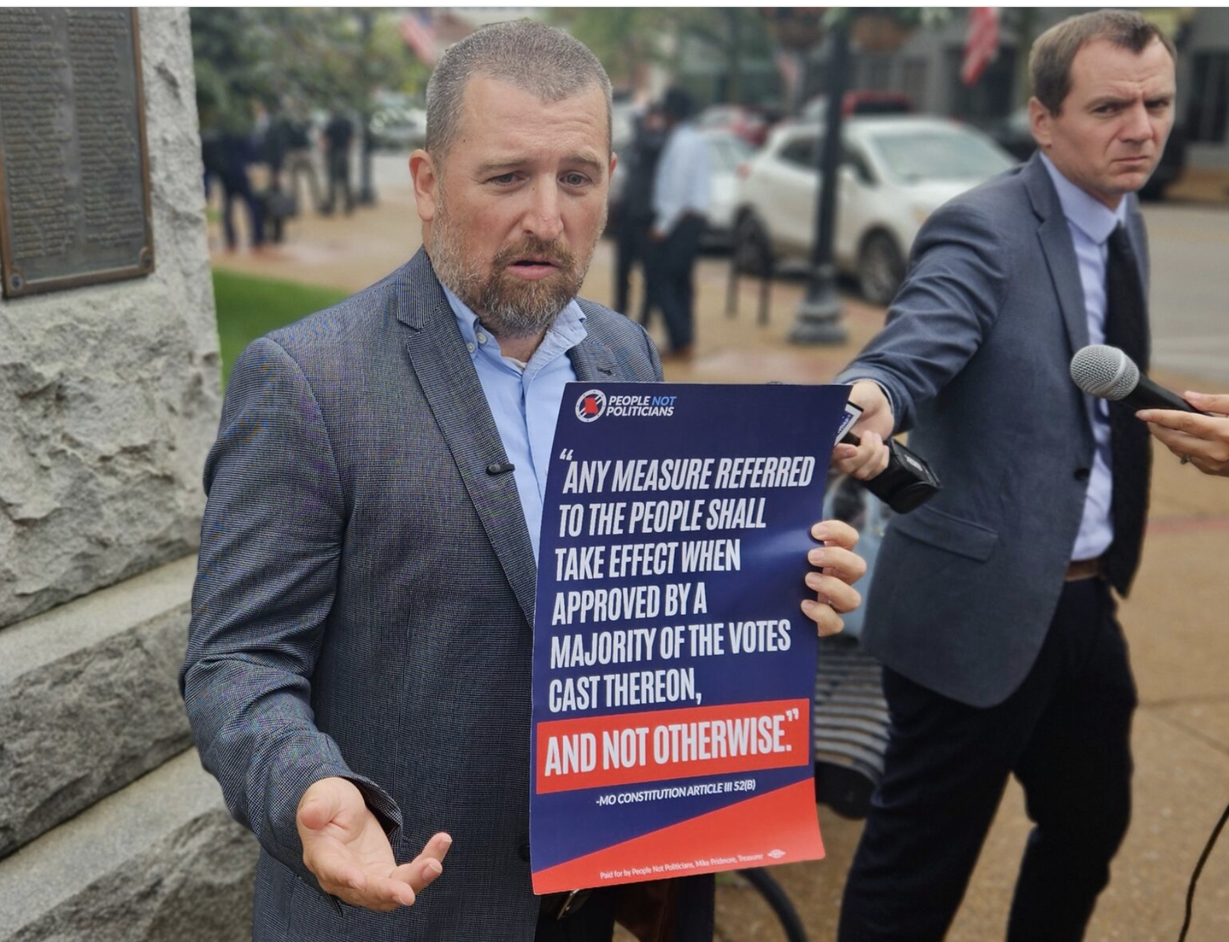  Richard von Glahn, executive director of People Not Politicians speaks to reporters Wednesday after the Cole County trial over whether Missourians will have a referendum on redistricting on the November ballot (Rudi Keller/Missouri Independent).