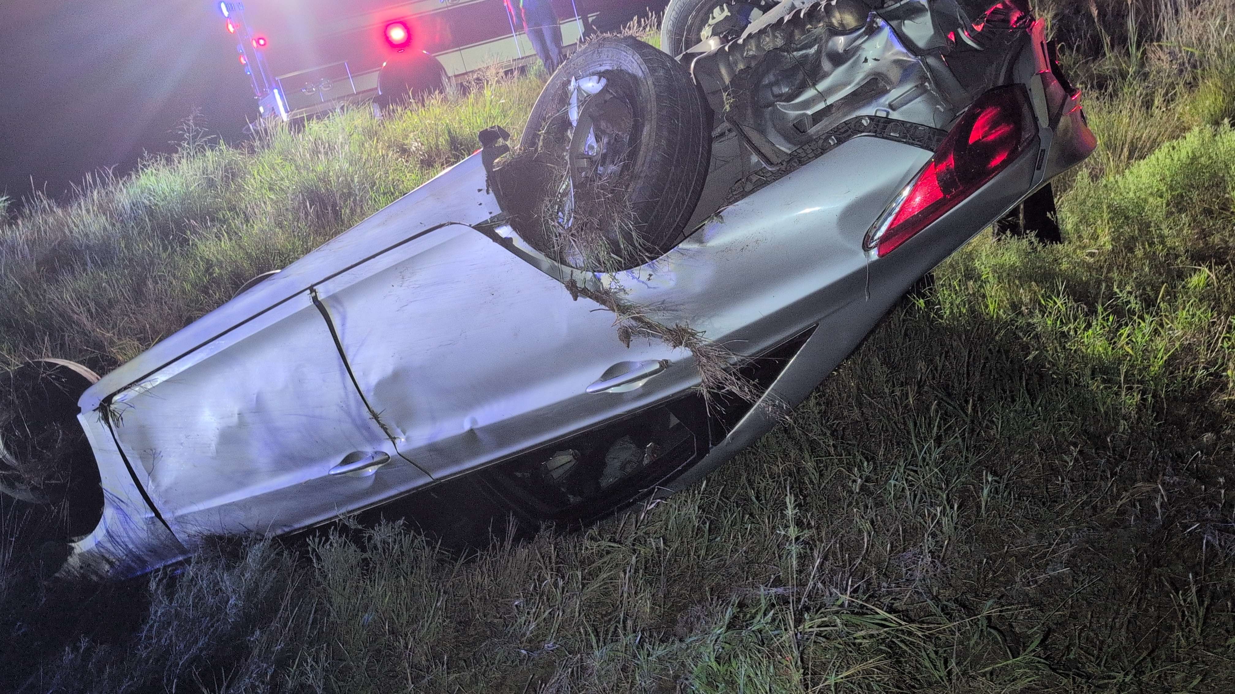 Silver 2011 Hyundai Sonata rests on roof after driver avoids deer in the 2100 block S. Simpson Road - Saline County Sheriff's Office