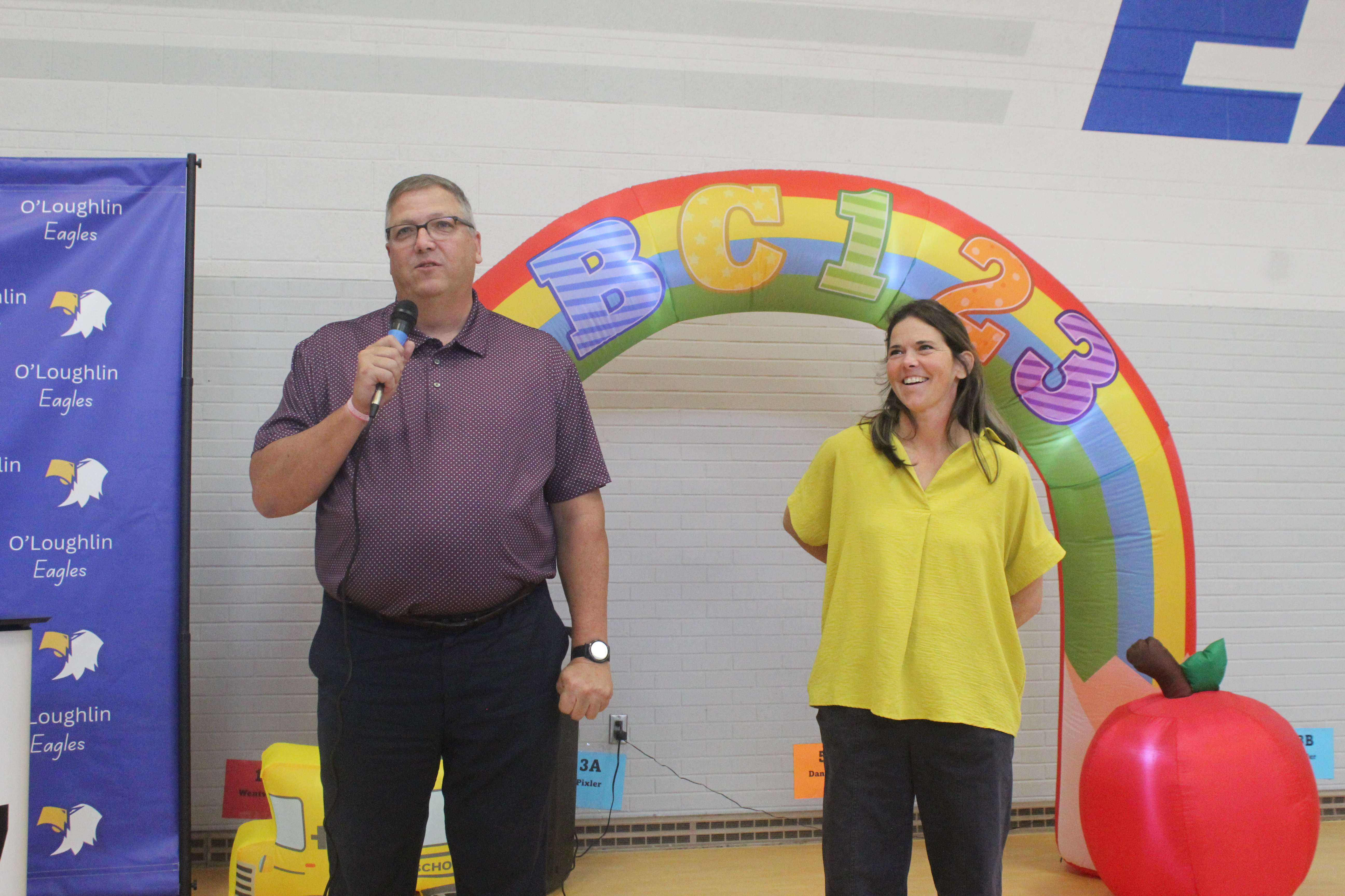 Hays USD 489 Superintendent Ron Wilson and O'Loughlin Principal Renee Burns at the school's ribbon cutting on Wednesday.&nbsp;Photo by Cristina Janney/Hays Post