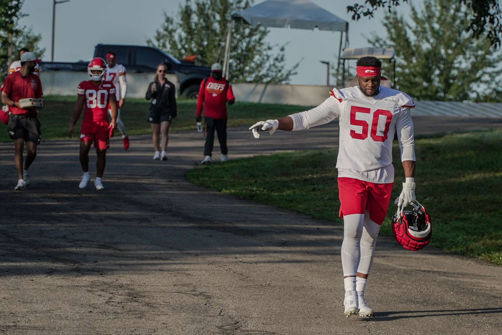 Defensive end Emmaunel Ogbah points to the crowd as he walks to the final practice in St. Joseph/ Photo by Justin Peacock