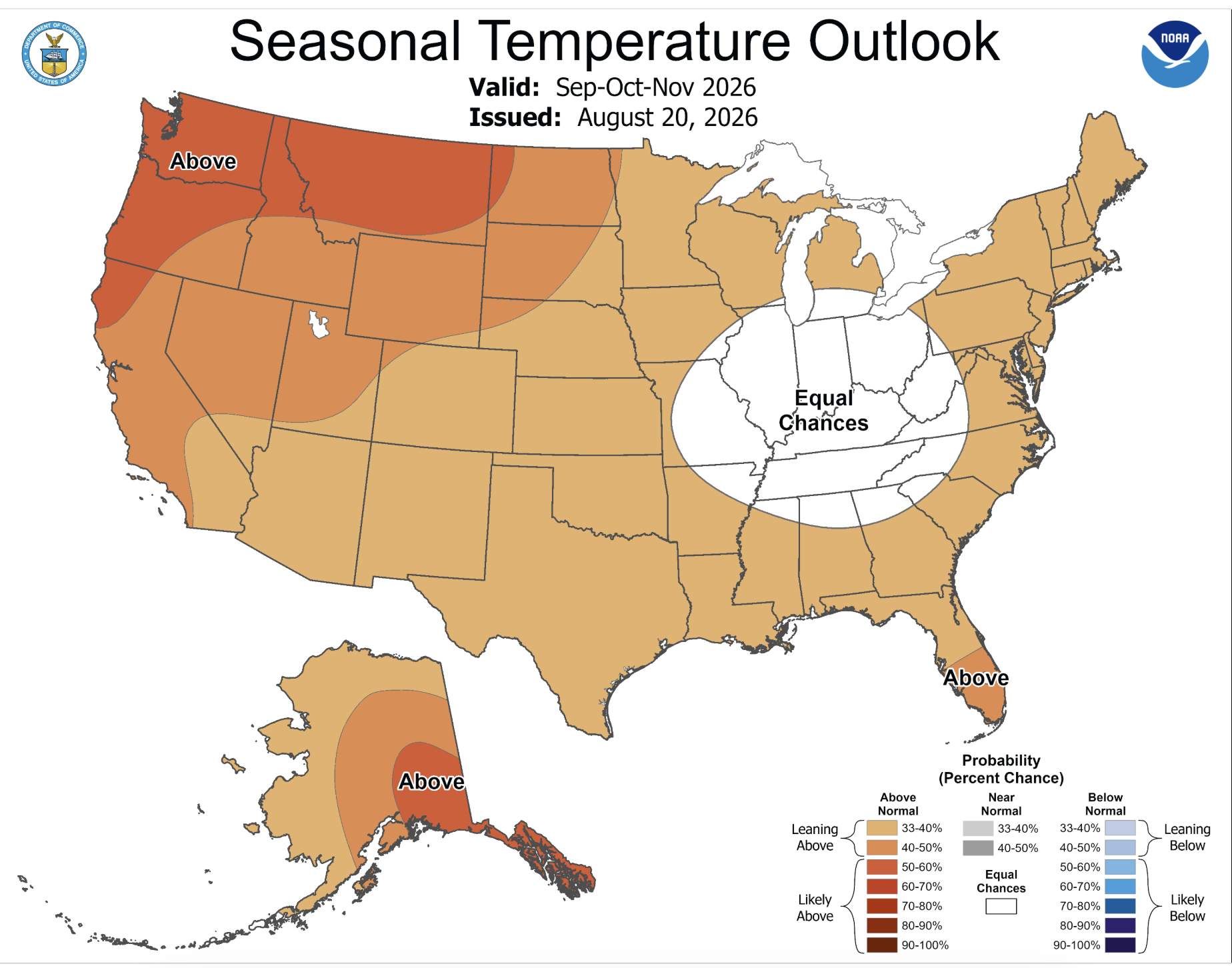 -A seasonal outlook released by the Climate Prediction Center/NOAA on Aug. 20, 2026, shows most of the country is expected to see warmer-than-average weather between September and November.-Image NOAA