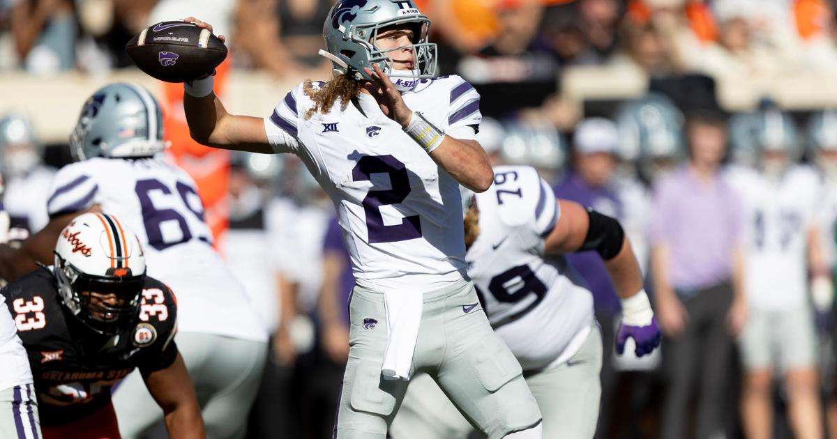Kansas State quarterback Avery Johnson (2) passes the ball in the second half of an NCAA college football game against Oklahoma State, Nov. 15, 2025, in Stillwater, Okla. (AP Photo/Mitch Alcala, File)