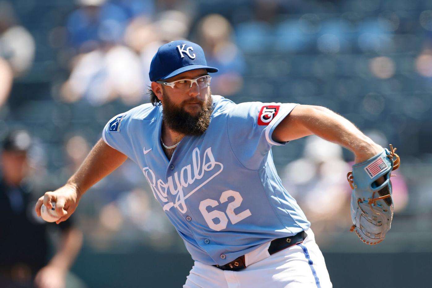 Kansas City Royals pitcher Randy Dobnak delivers to an Athletics batter during the first inning of a baseball game in Kansas City, Mo., Thursday, Aug. 20, 2026. (AP Photo/Colin E. Braley)