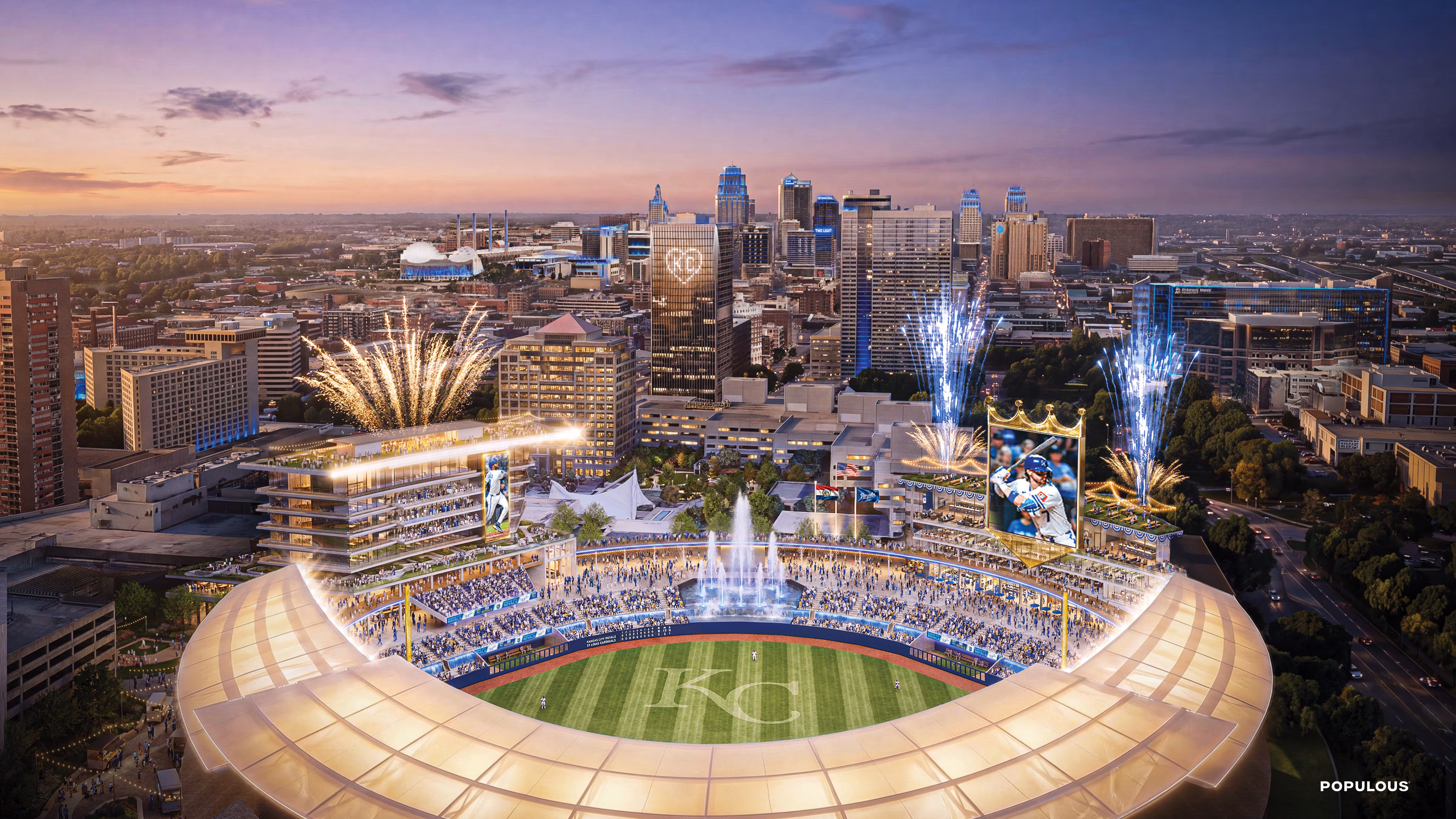 This artist's rendering provided by Populous and the Kansas City Royals on April 22, 2026, shows a rendition of the Royals' new baseball stadium to be constructed in downtown Kansas City, Mo. (Populous/Kansas City Royals via AP, File)