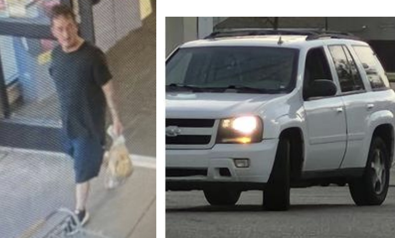 Salina Police Department images of the suspect who allegedly threatened an individual at Dillons and the white Chevy SUV he left in.