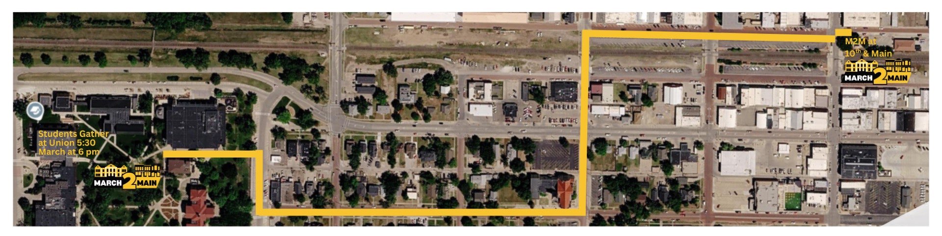 The route that FHSU students will take when participating in March 2 Main showing where community members can stand on the sidewalk and watch the event. Courtesy photo from Lee Ann June/The Bricks in Downtown Hays.&nbsp;